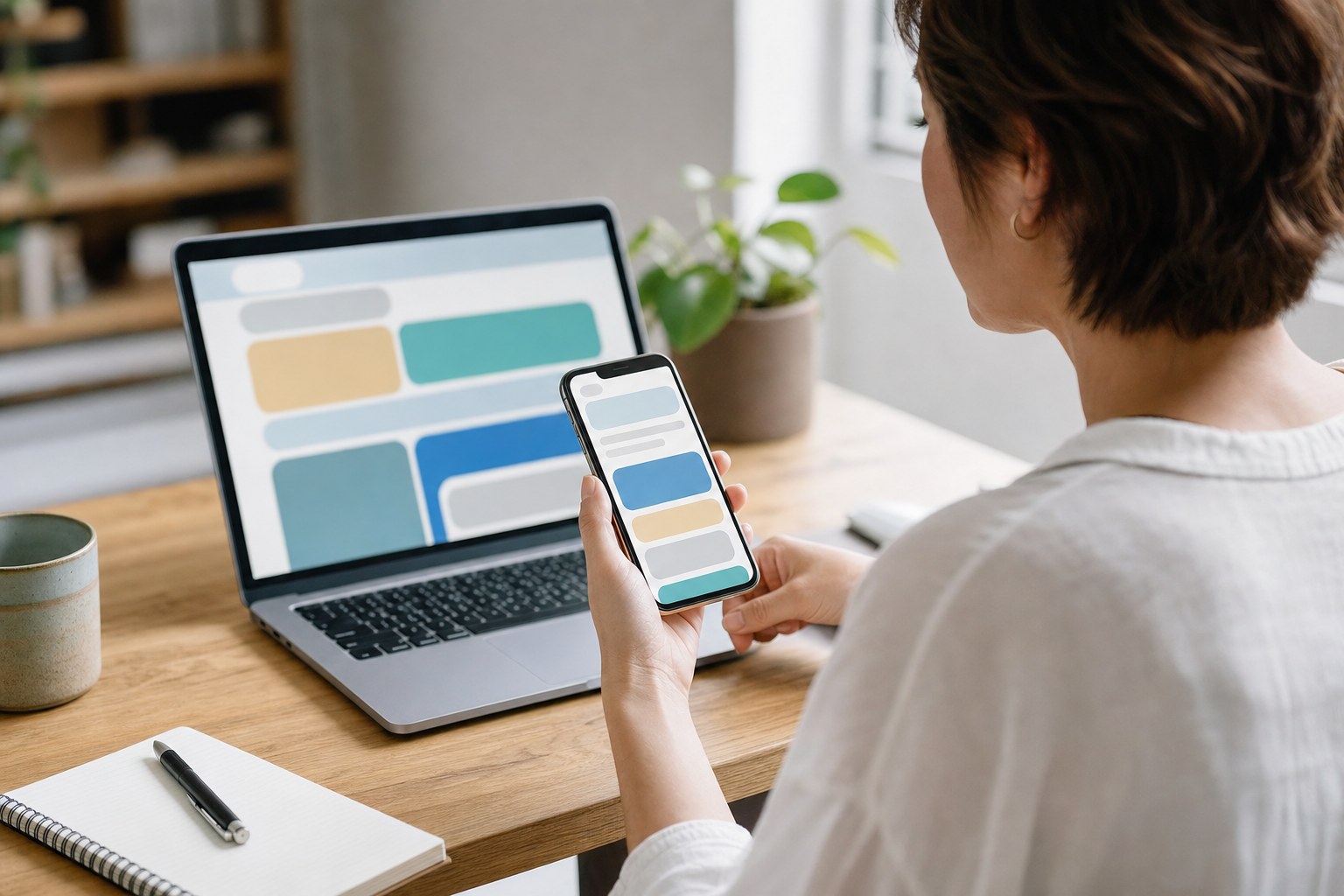 Business owner checking website readability and actions on a smartphone beside a laptop