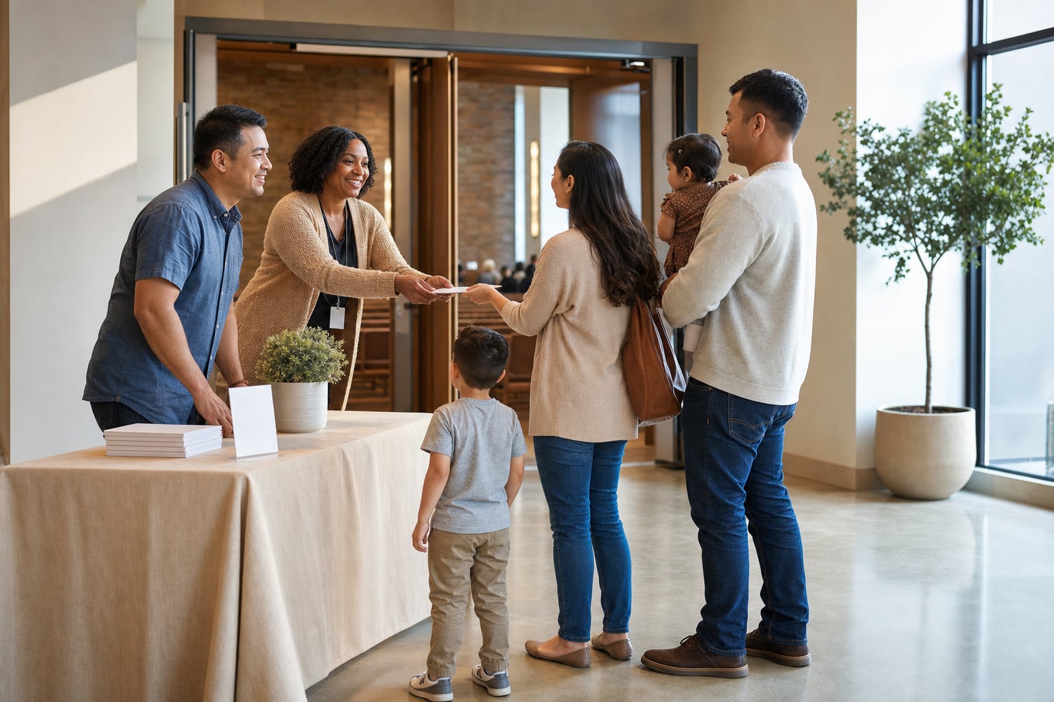 Church volunteers welcoming a family at an information table in a bright lobby