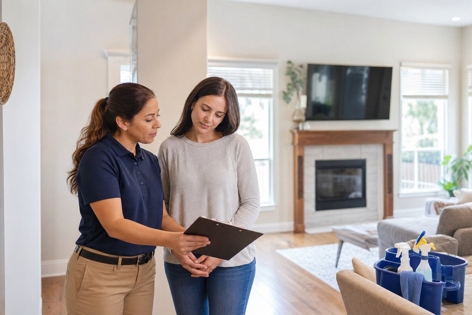 Cleaning professional reviewing a service checklist with a homeowner in a bright living room