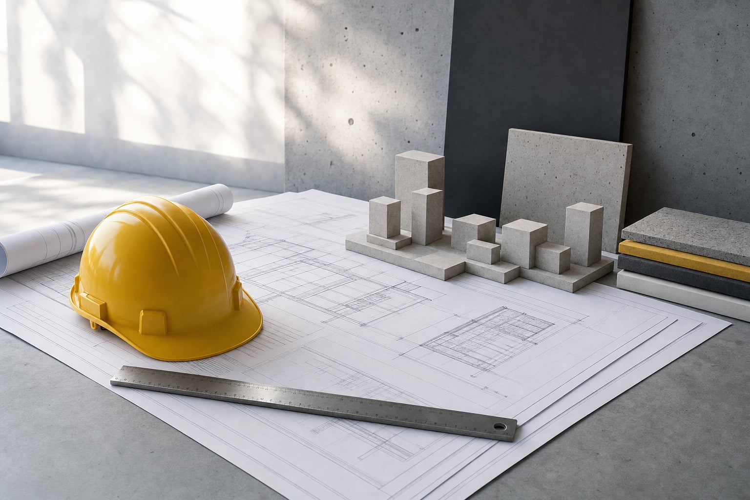 Construction project planning materials with architectural drawings, a yellow hard hat, ruler, and building models