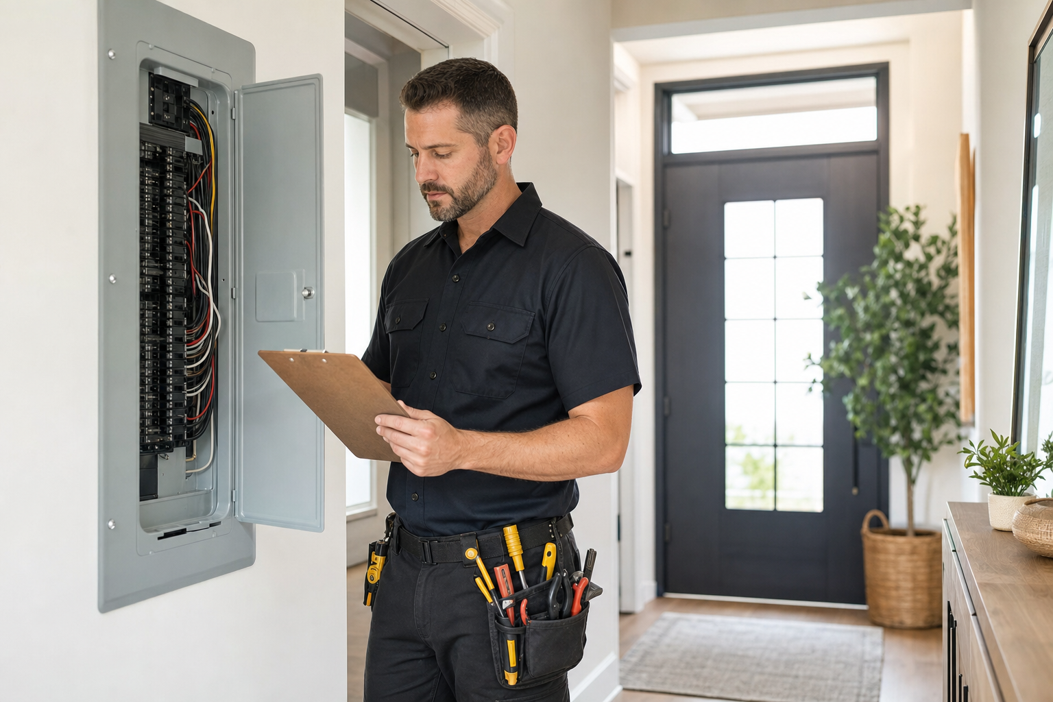 Electrician reviewing a residential electrical panel in a bright home