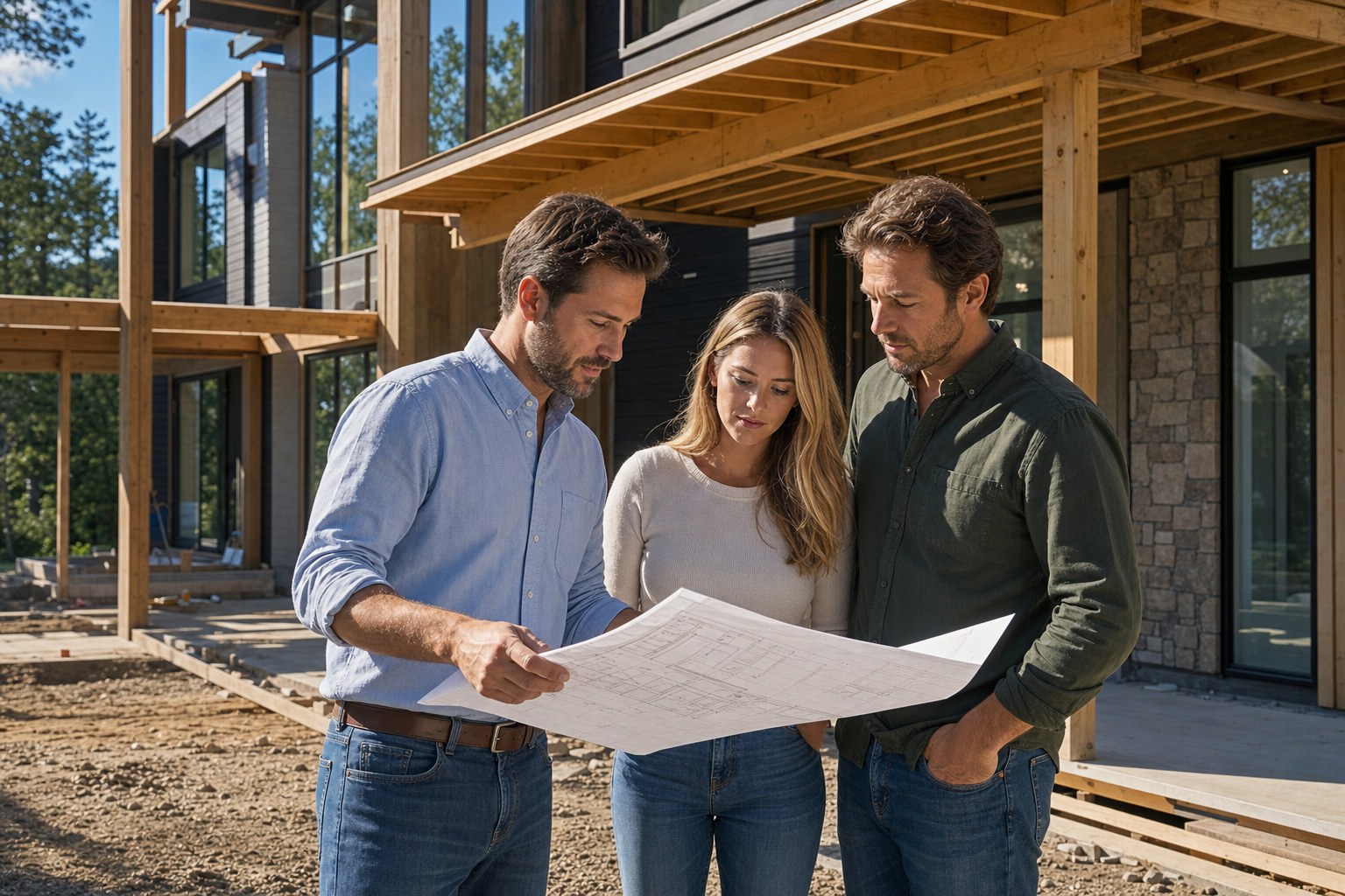 Home builder reviewing house plans with prospective homeowners at a residential construction site