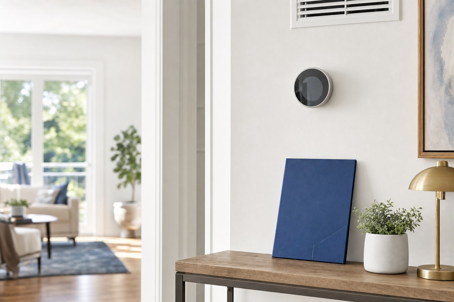 Bright home interior with a wall thermostat, air vent, and blue service folder