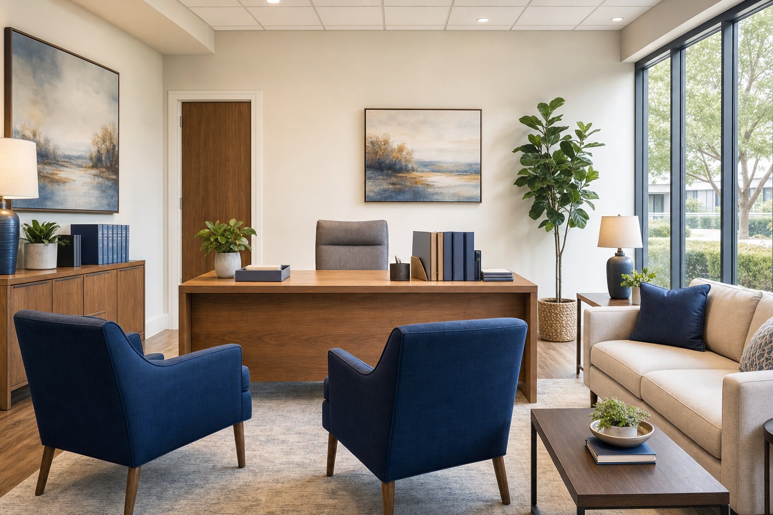 Welcoming independent insurance agency office with navy visitor chairs and a natural wood desk