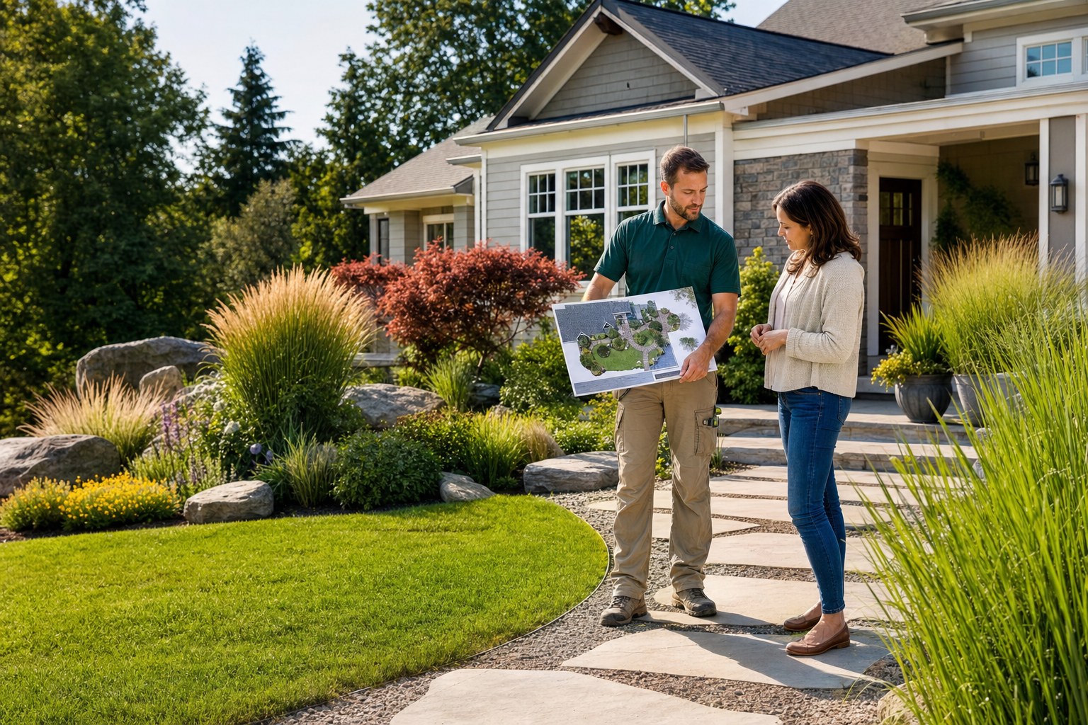 Landscaper reviewing a residential yard design with a homeowner beside a finished garden
