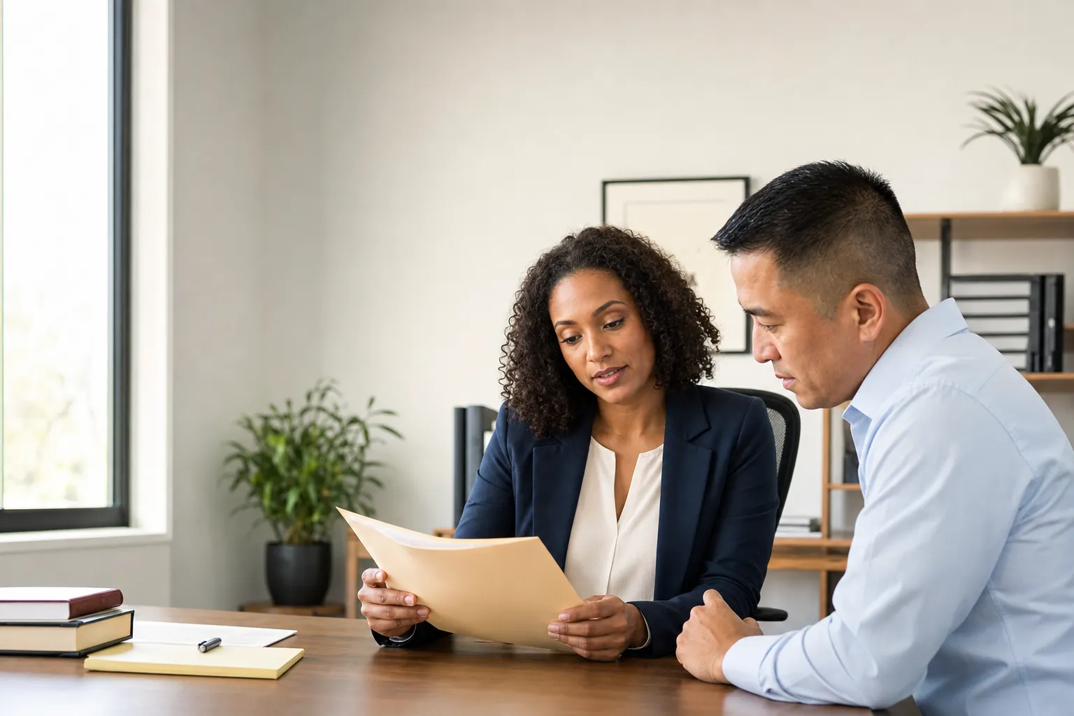 Attorney and client reviewing a document in a bright law office