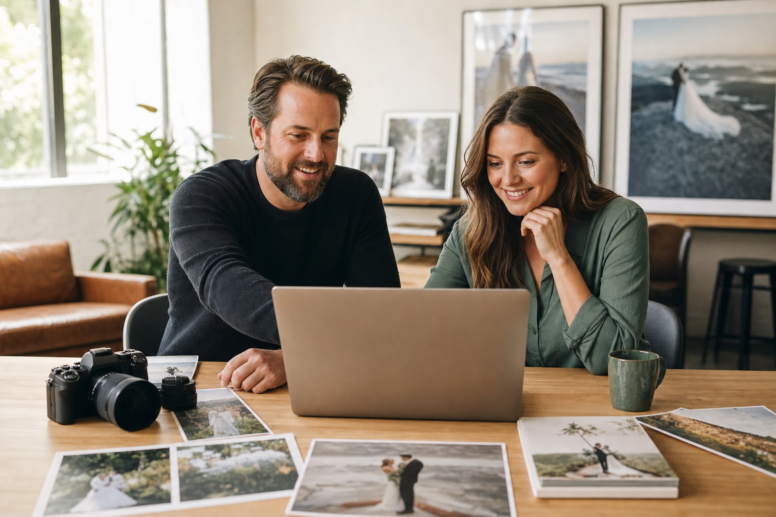 Professional photographer and client reviewing a photo portfolio together in a bright studio