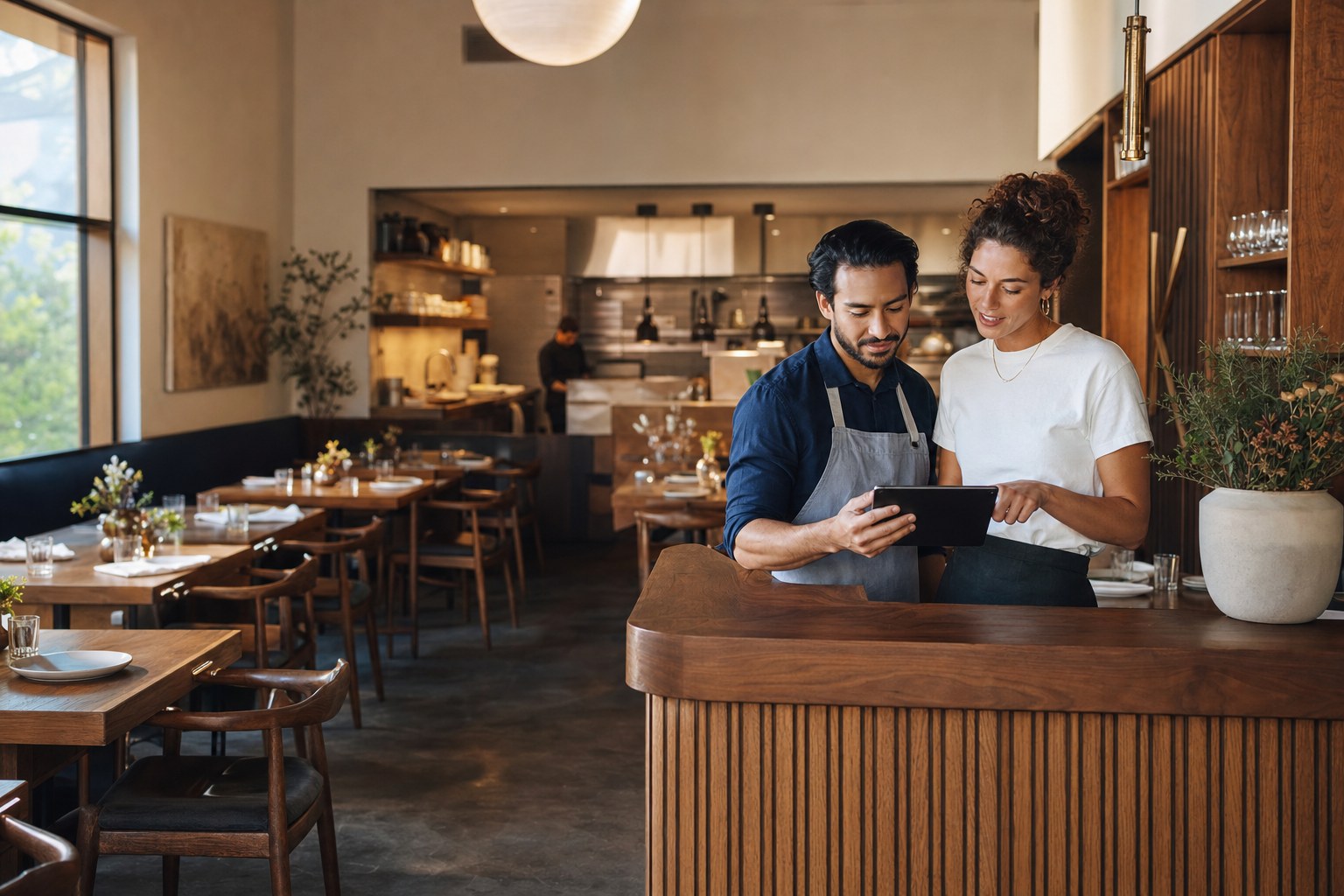 Restaurant owners reviewing a tablet at a warm wood host stand before dinner service