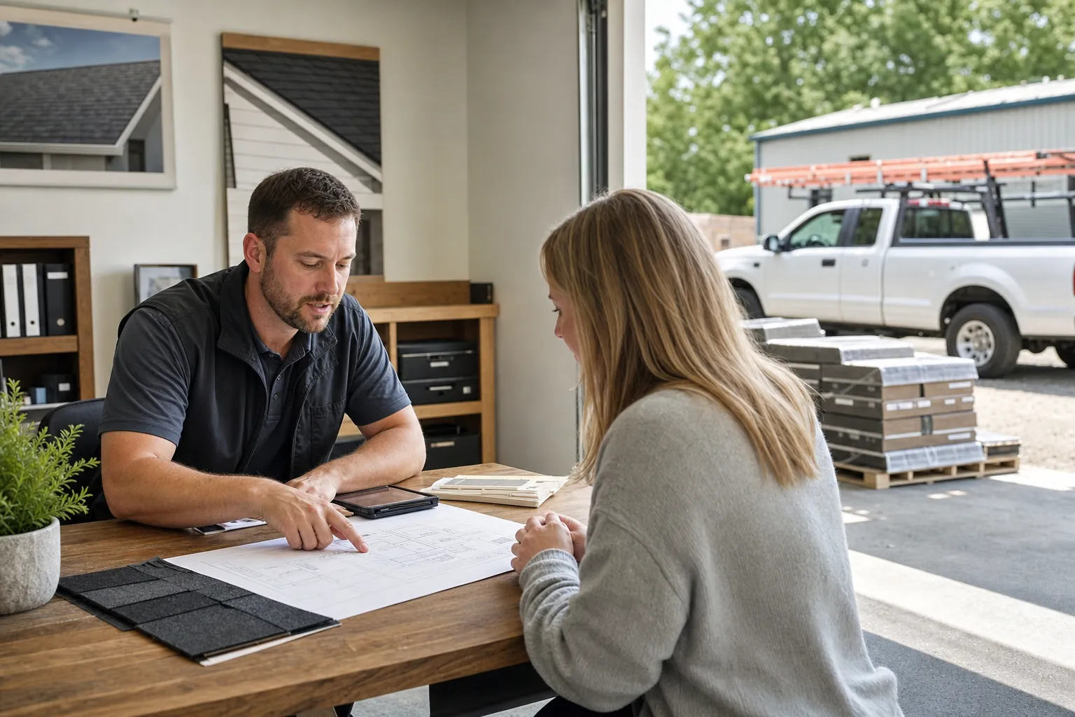 Roofing contractor website preview with service details and a request-estimate path