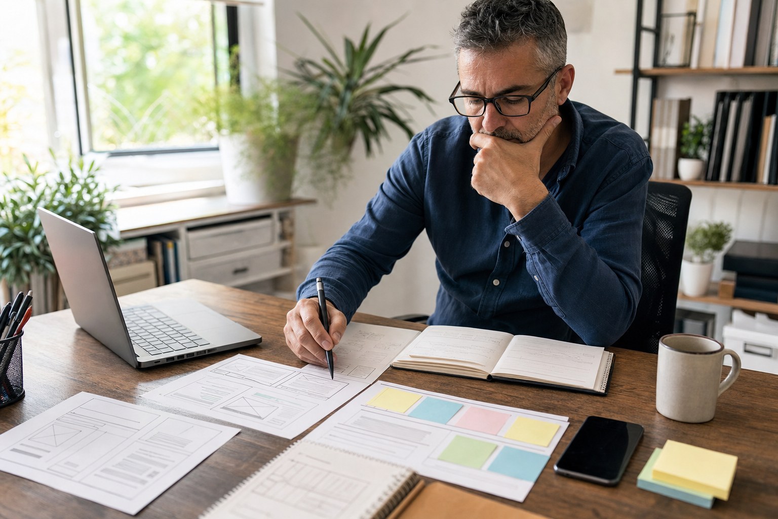 Service business owner planning a clearer customer website at a desk