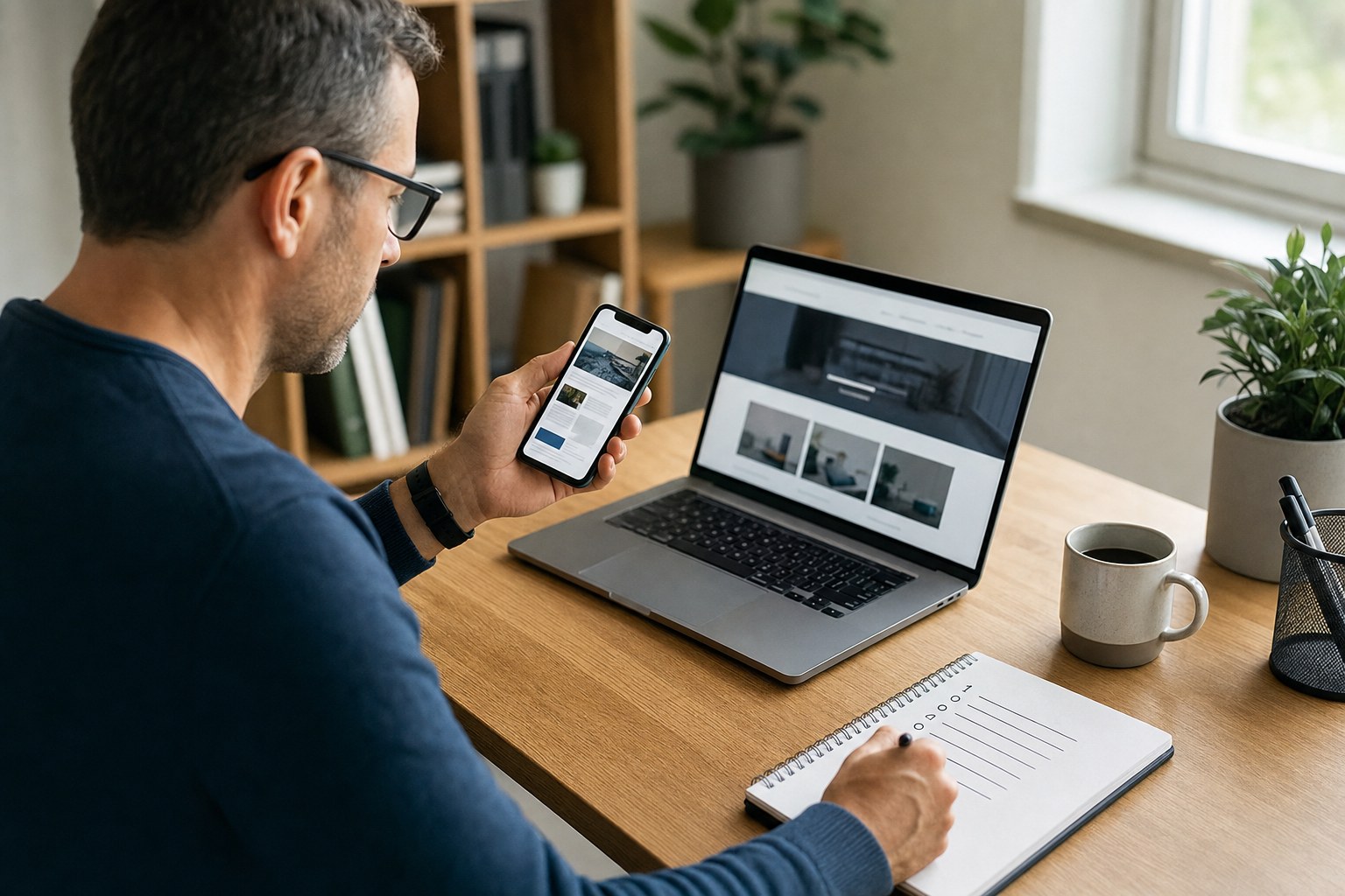 Service business owner reviewing a website on a phone and laptop