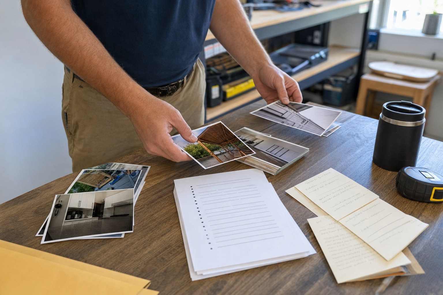 Service professional organizing project photos and customer notes