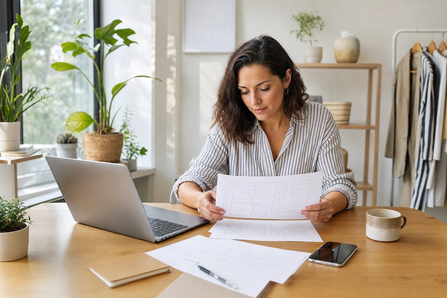 Small business owner reviewing a website page plan at a desk