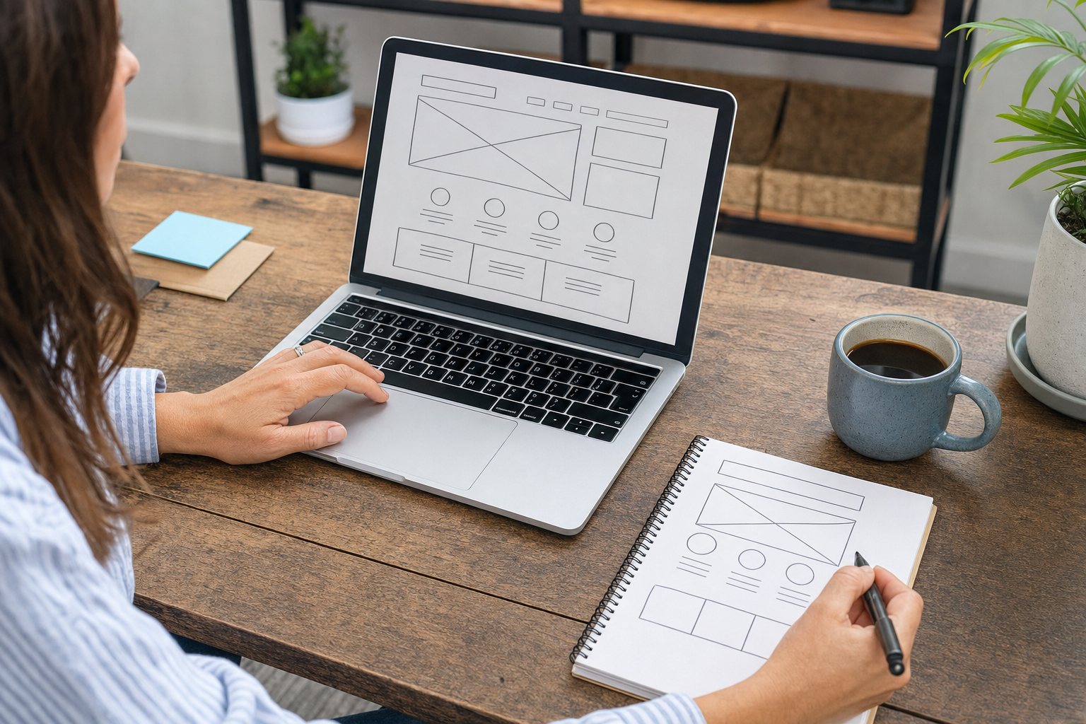 Small business owner planning a clear homepage on a laptop