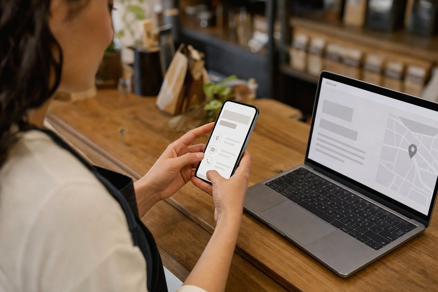 Business owner checking a contact page on a smartphone beside a laptop