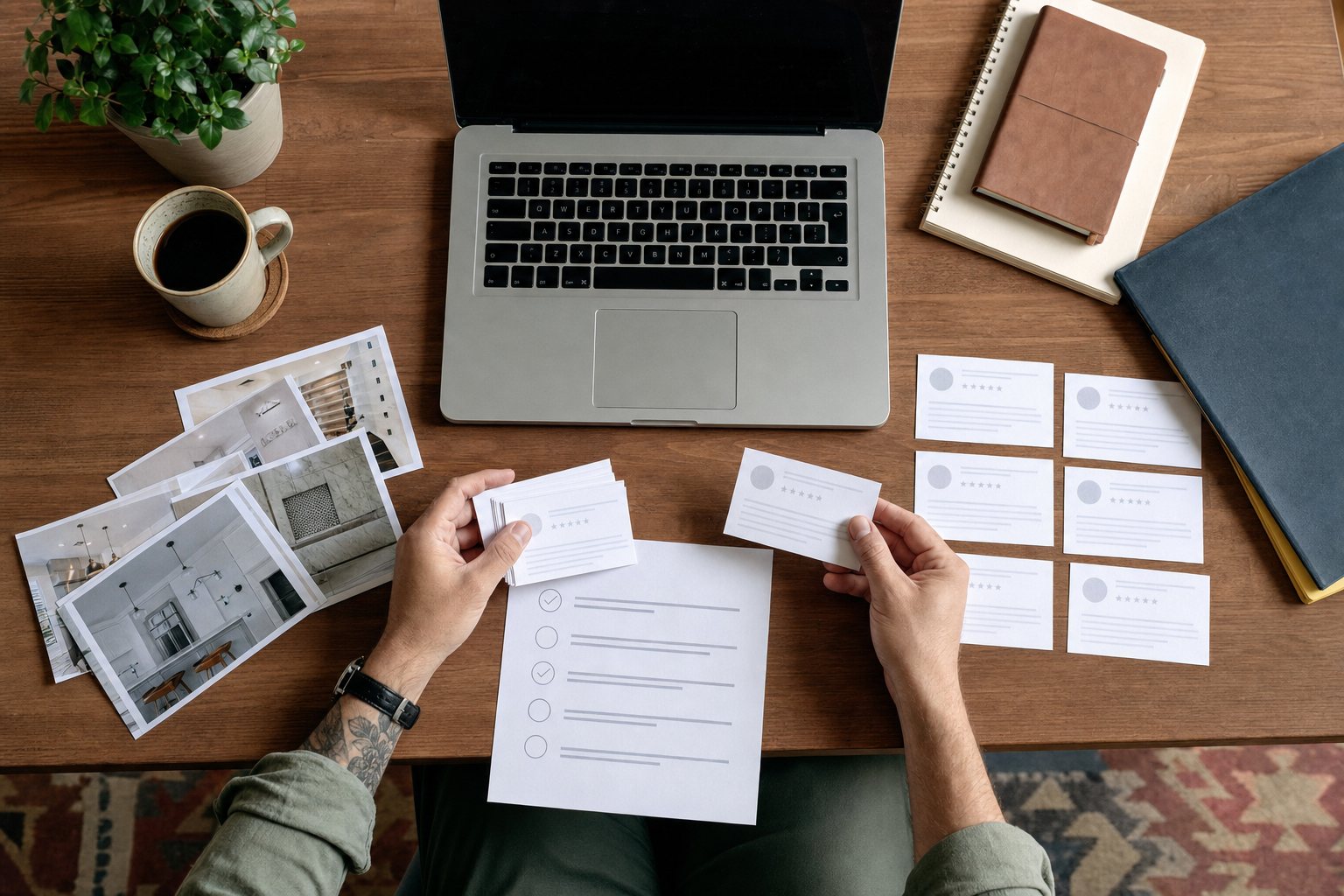 Business owner organizing customer feedback and project photos for a website