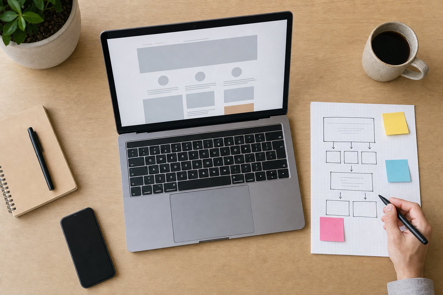 Overhead view of a laptop and notes used to plan a small business website