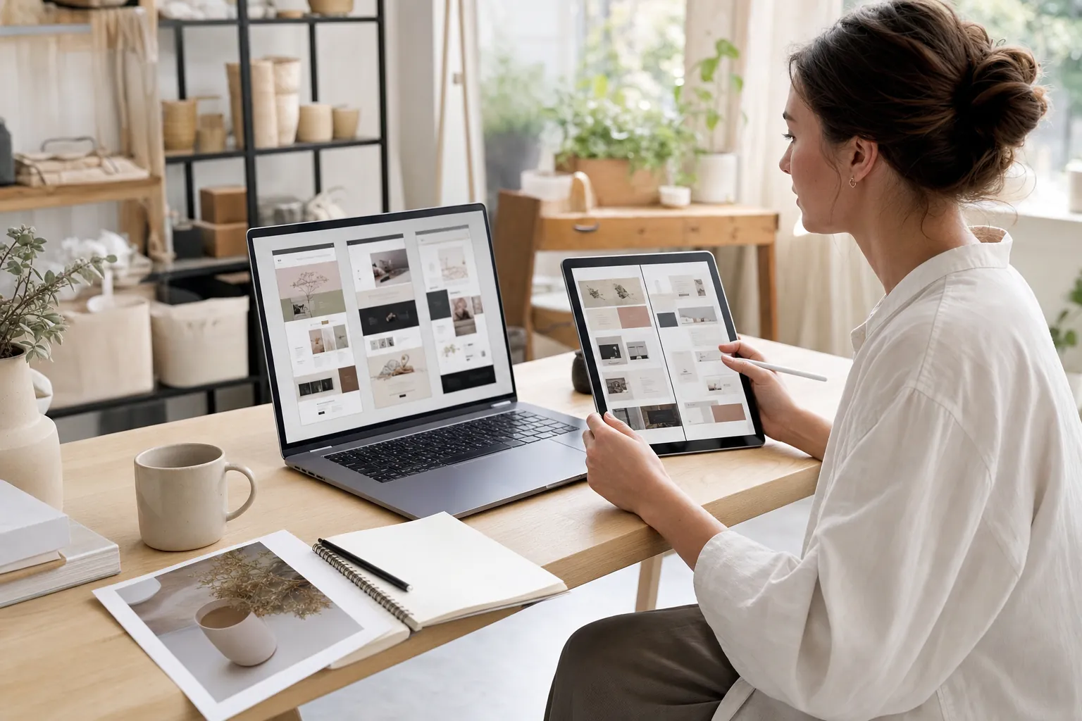 Small business owner reviewing website layouts on a laptop