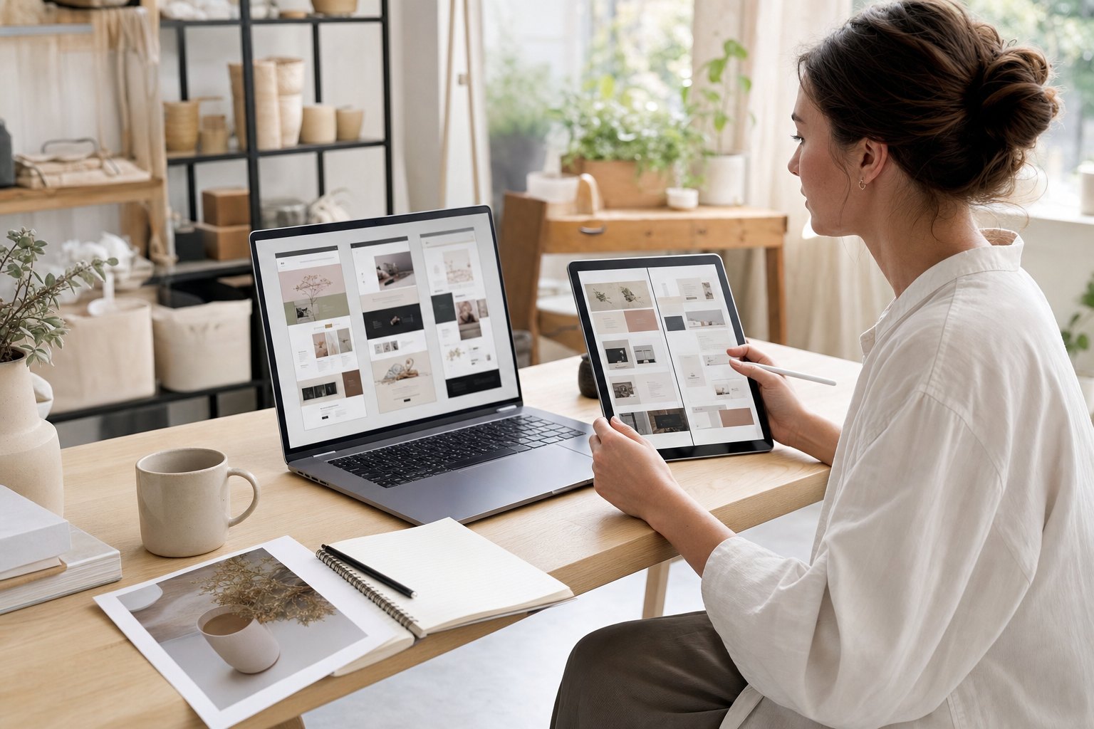 Small business owner reviewing website layouts on a laptop