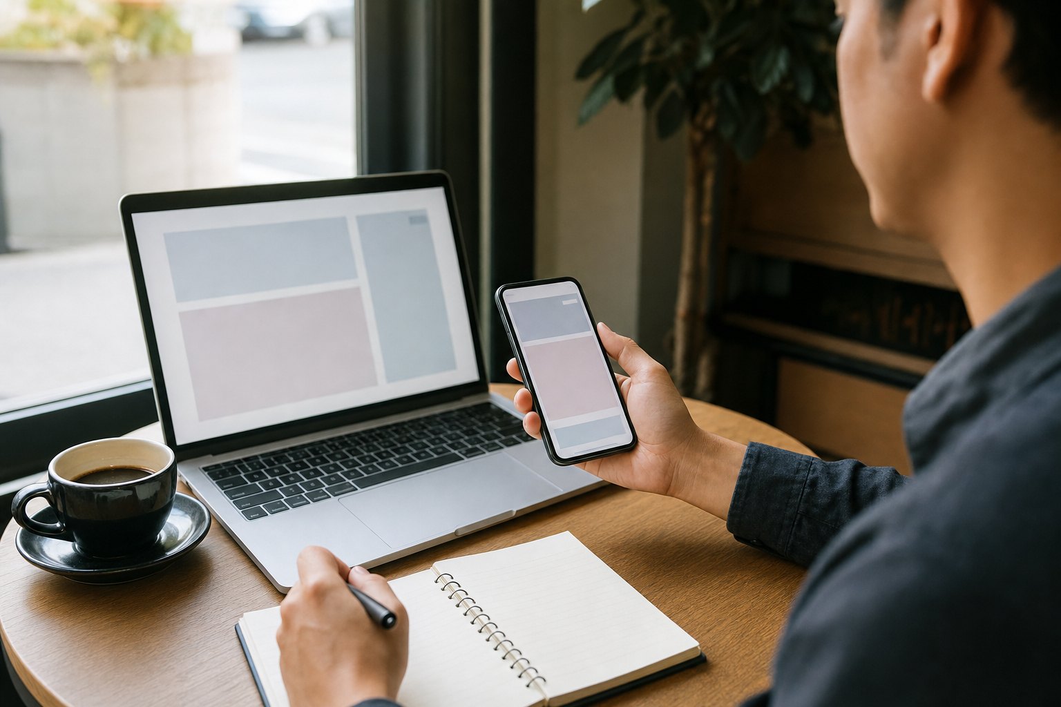 Person comparing a small business website on a phone and laptop