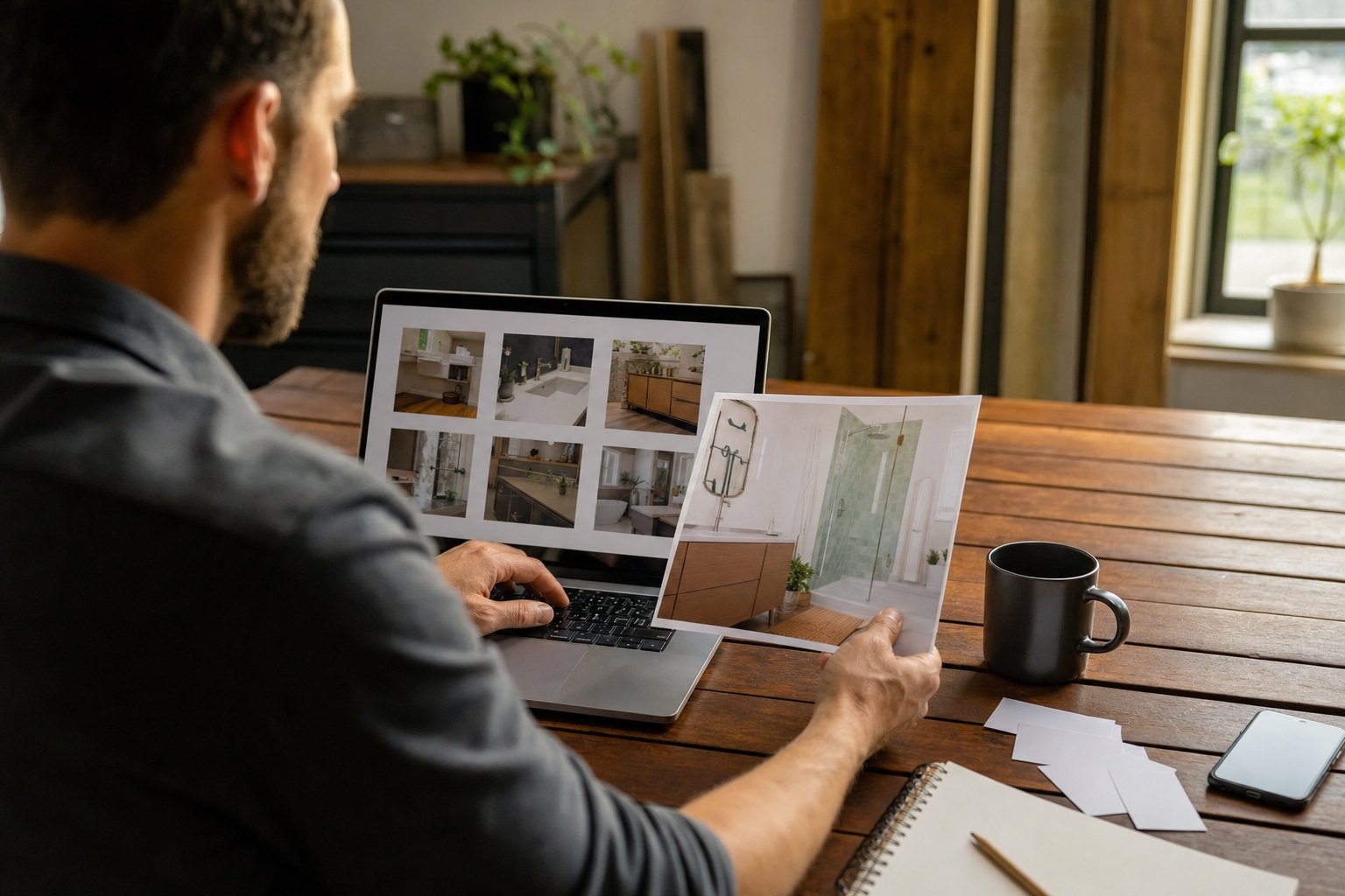 Small business owner reviewing photographs of completed work on a laptop