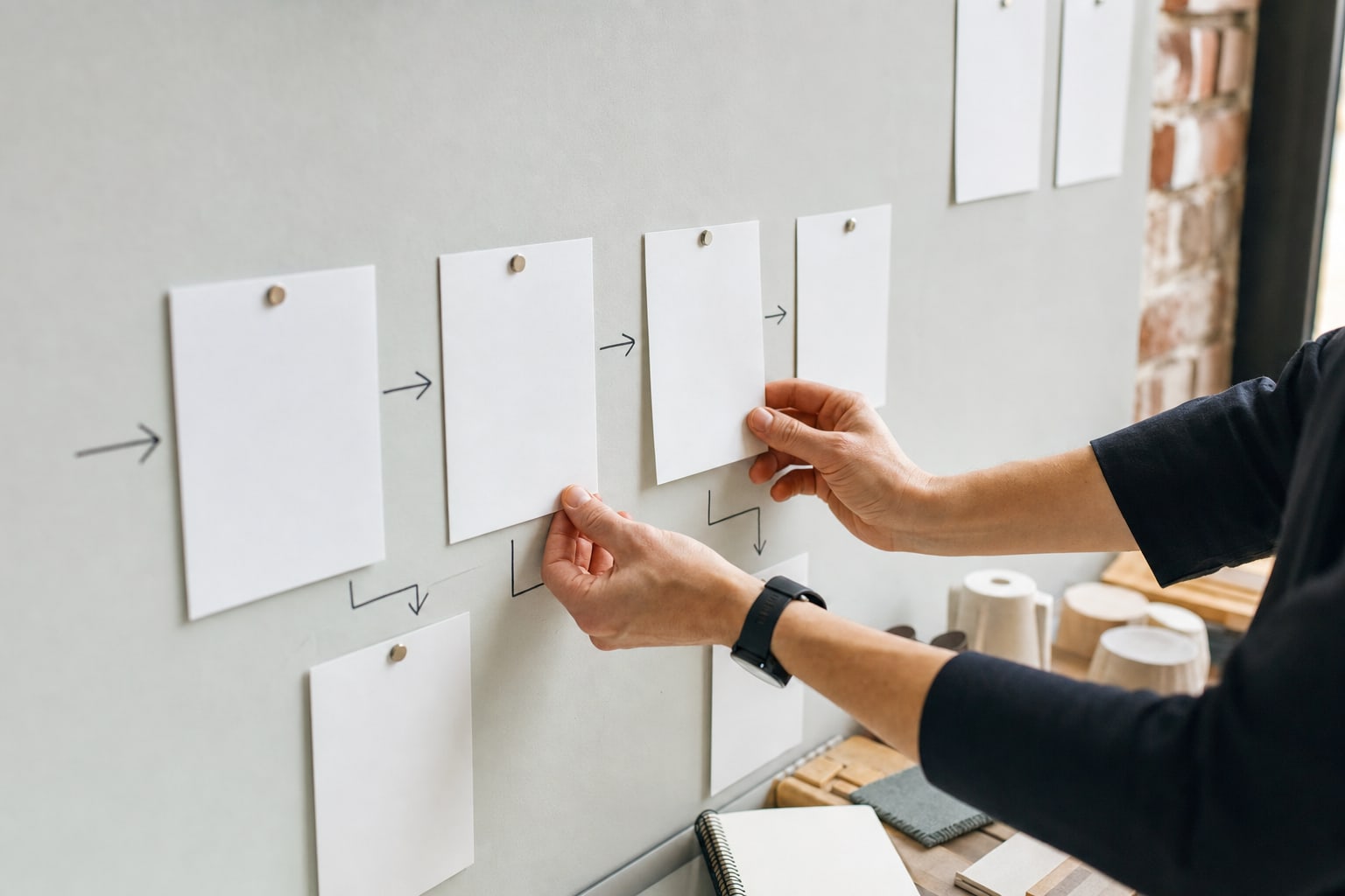 Business owner arranging blank page-flow cards to clarify a customer journey