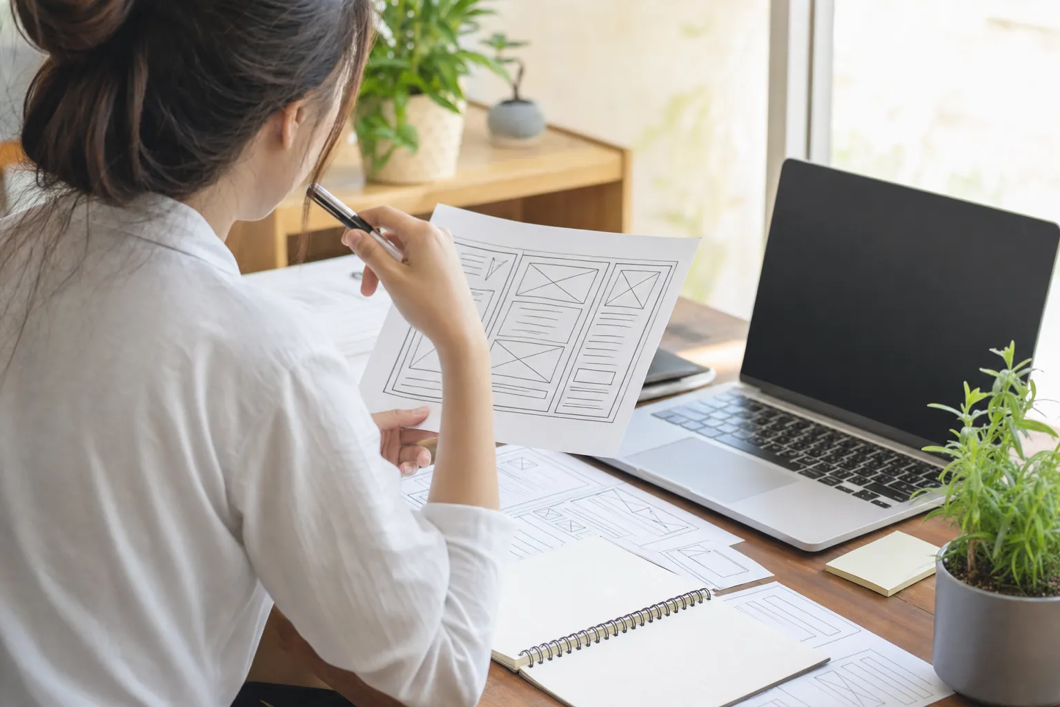 Small business owner reviewing website page sketches at a desk