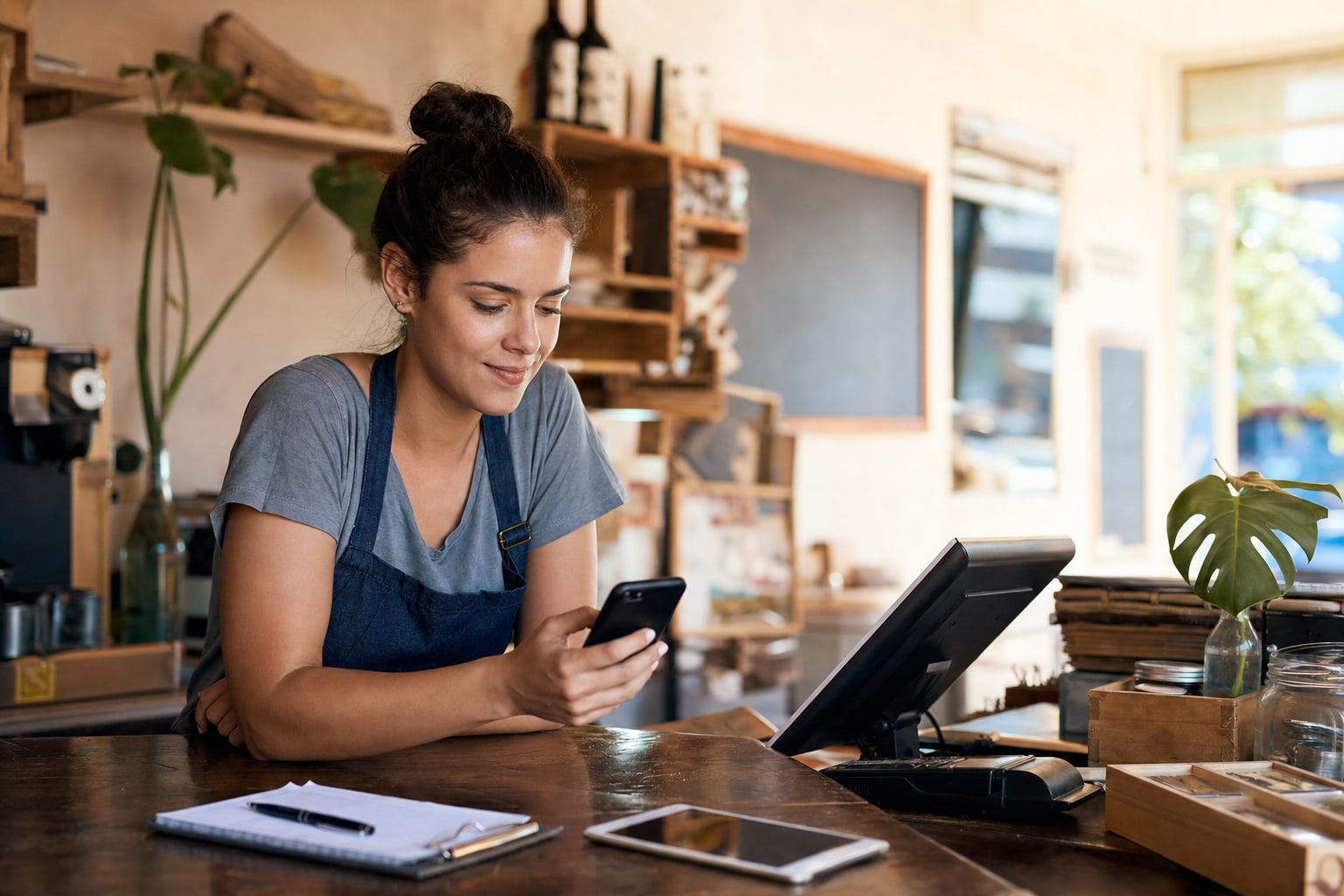 Small business owner checking customer-facing information on a phone at a cafe counter