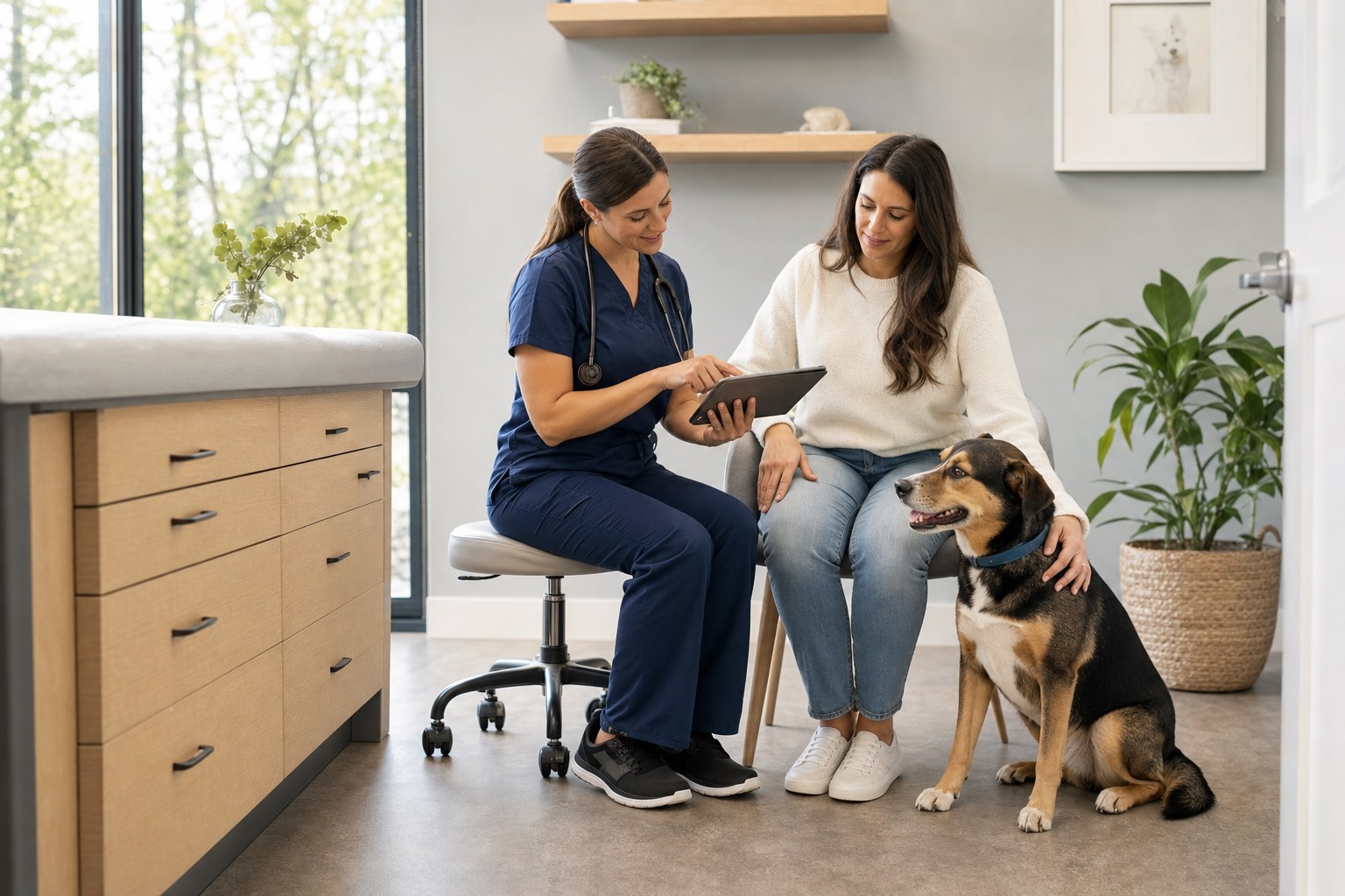 Veterinarian and pet owner reviewing care information with a dog in a bright clinic