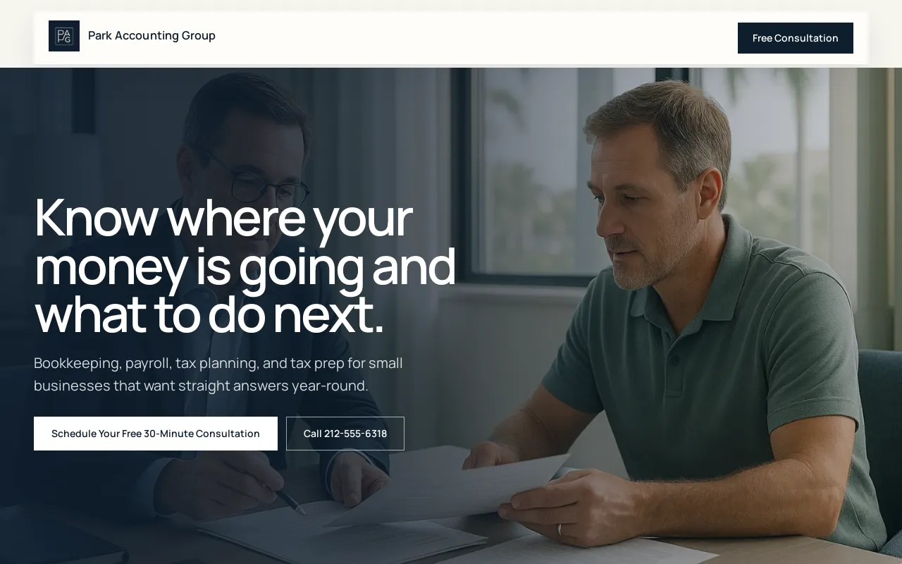 Accounting firm website preview with professional client information