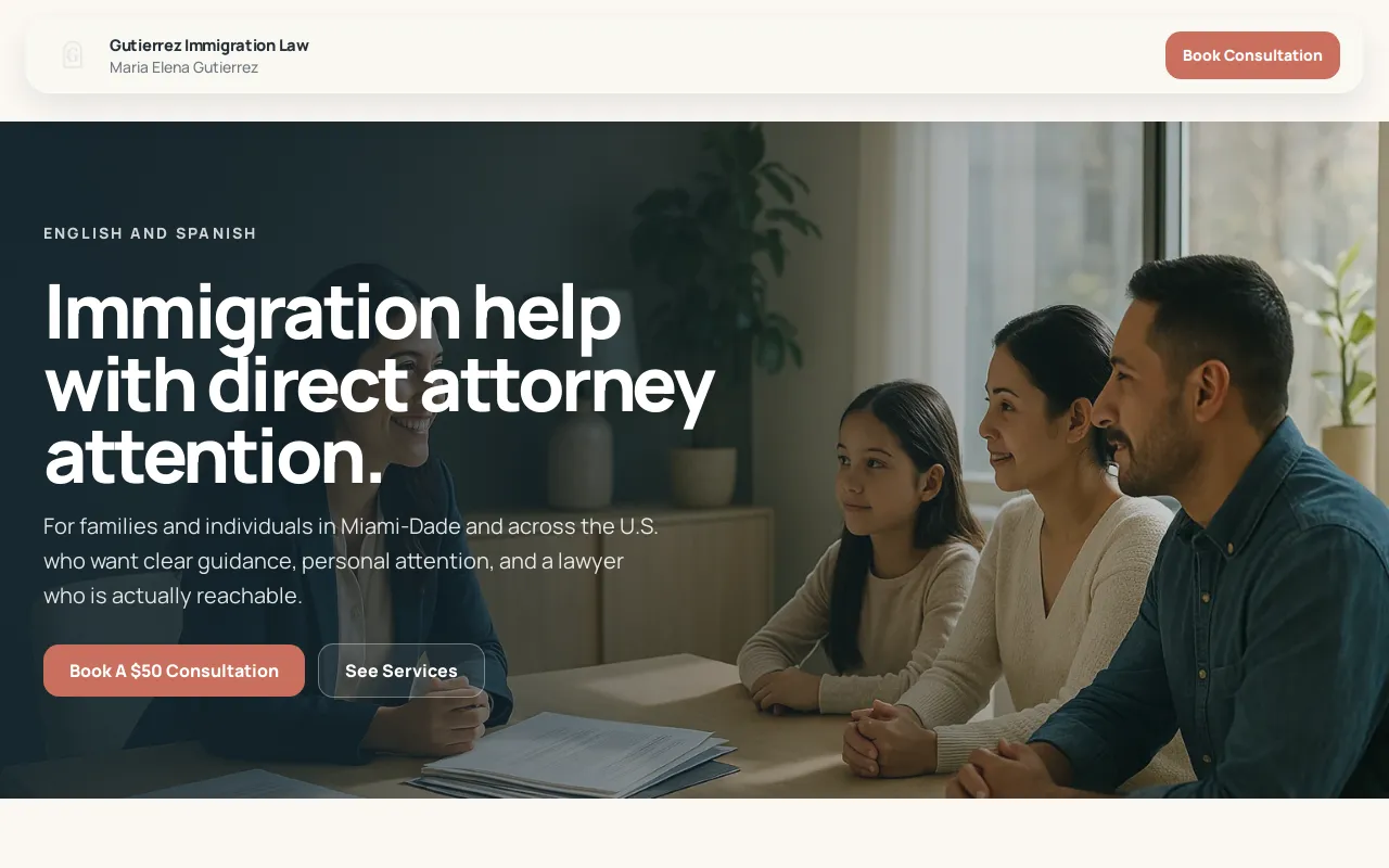 Example of a professional immigration lawyer website with clear information