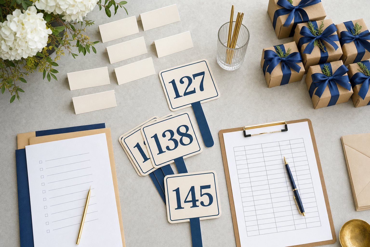 Numbered auction paddles, planning sheets, and donor gifts on an event planning table