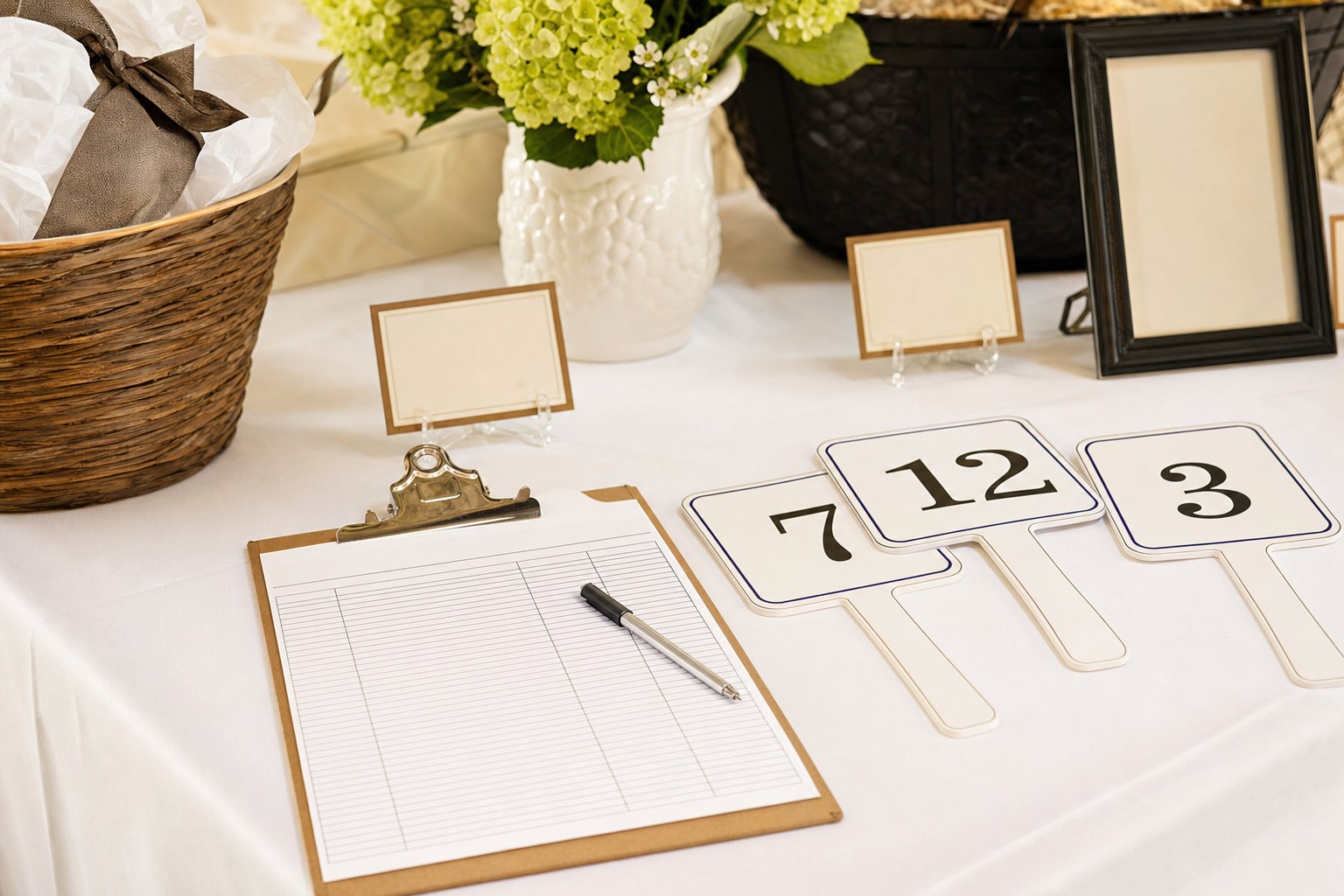 Blank silent auction bid sheet with numbered paddles on a fundraising event table