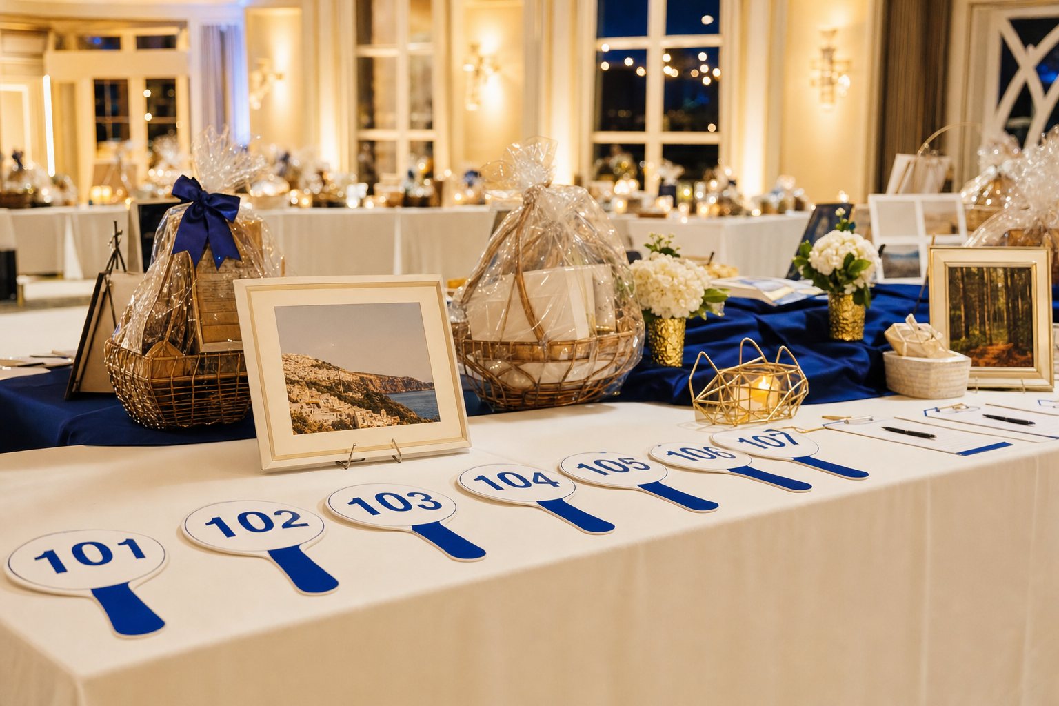 Numbered auction paddles displayed on a charity silent auction table