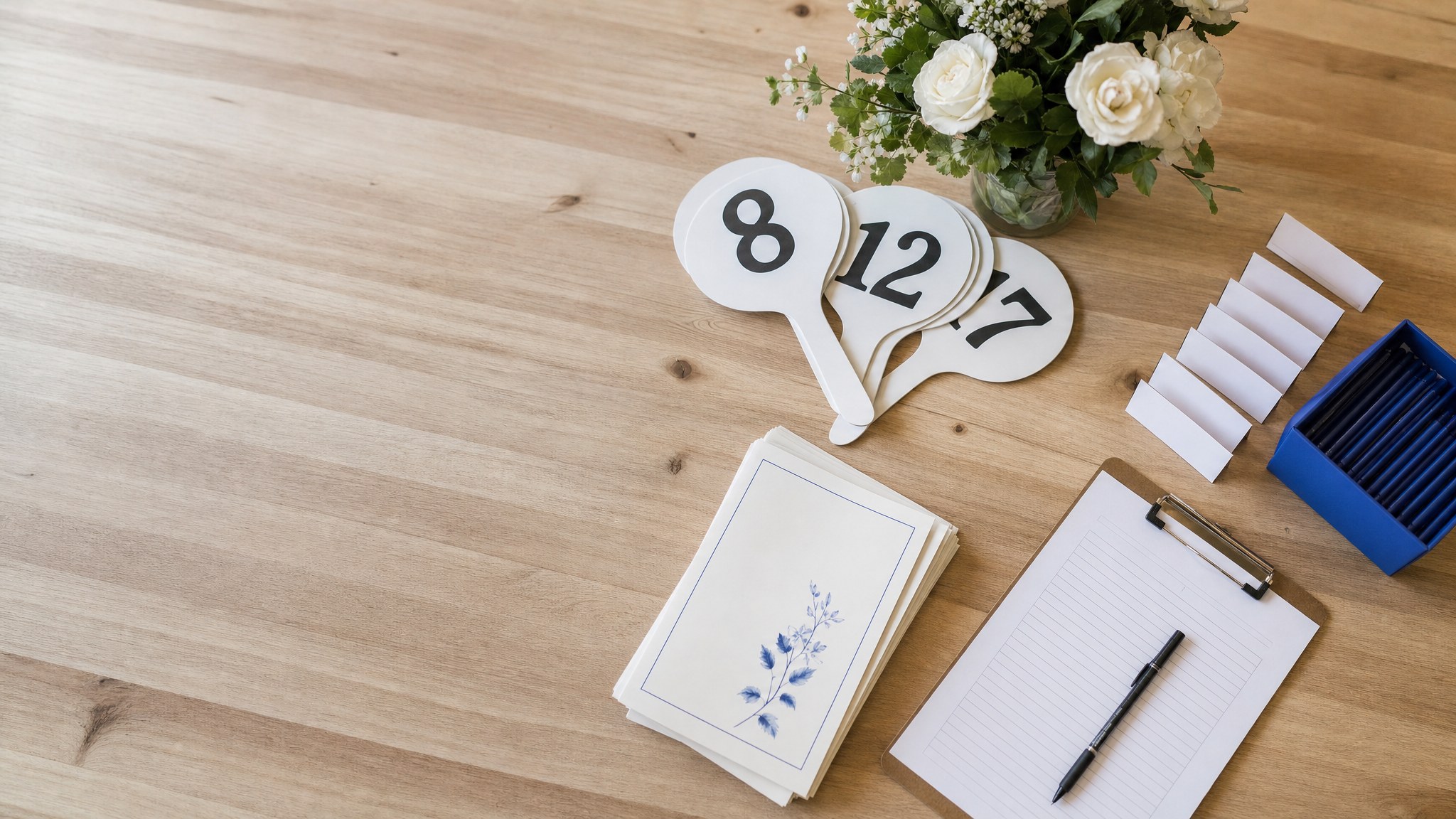 Auction paddles and event planning materials on a fundraising table