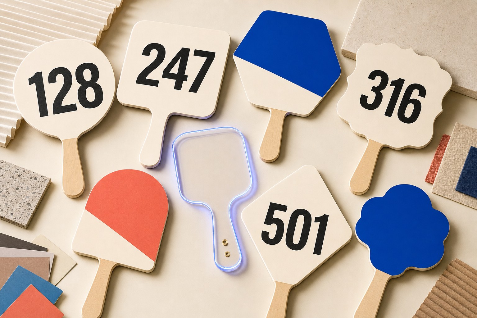 Custom auction paddles and paddle fans in a studio