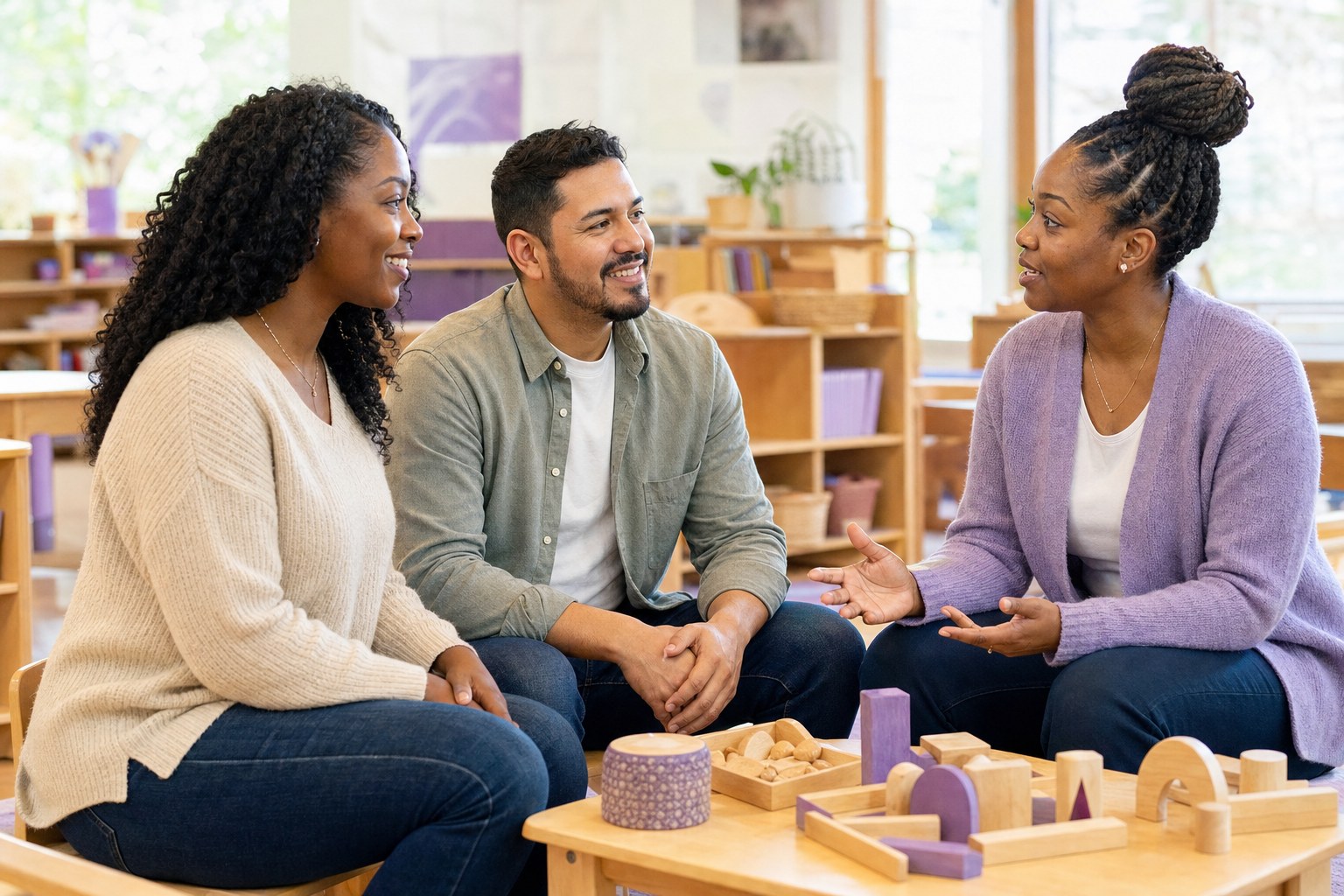 Parents speaking with an educator during a classroom visit