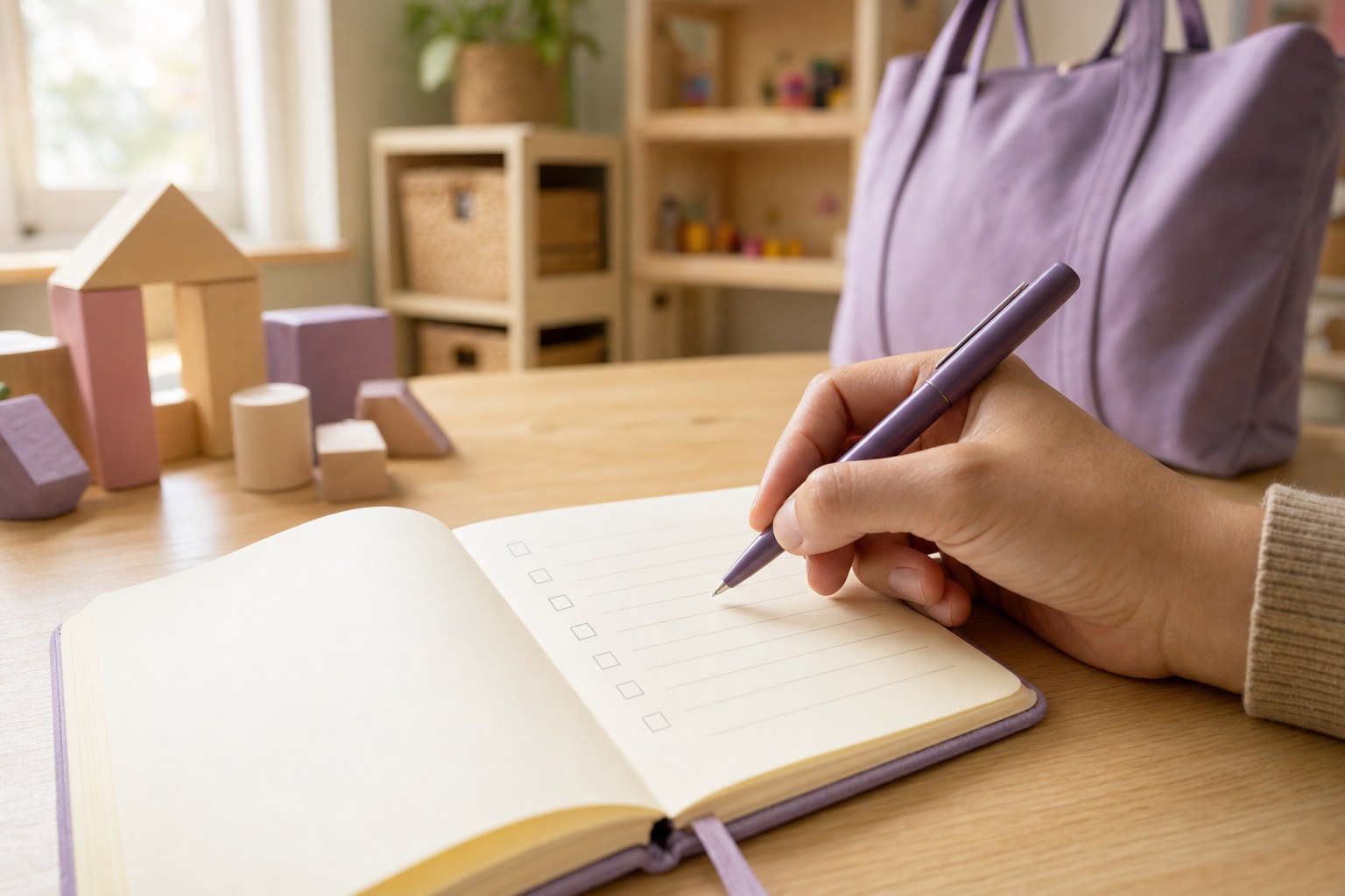 A parent preparing a notebook checklist for a childcare tour