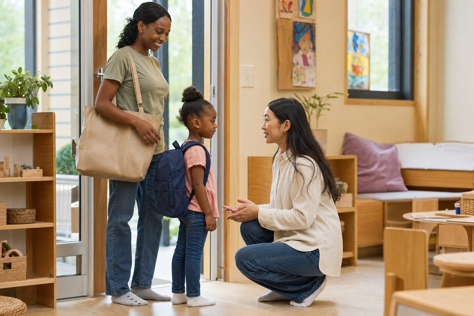An educator greeting a child and parent at a classroom doorway