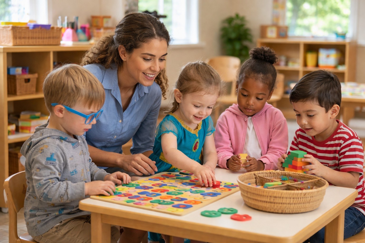 Teacher and children learning together at a classroom table