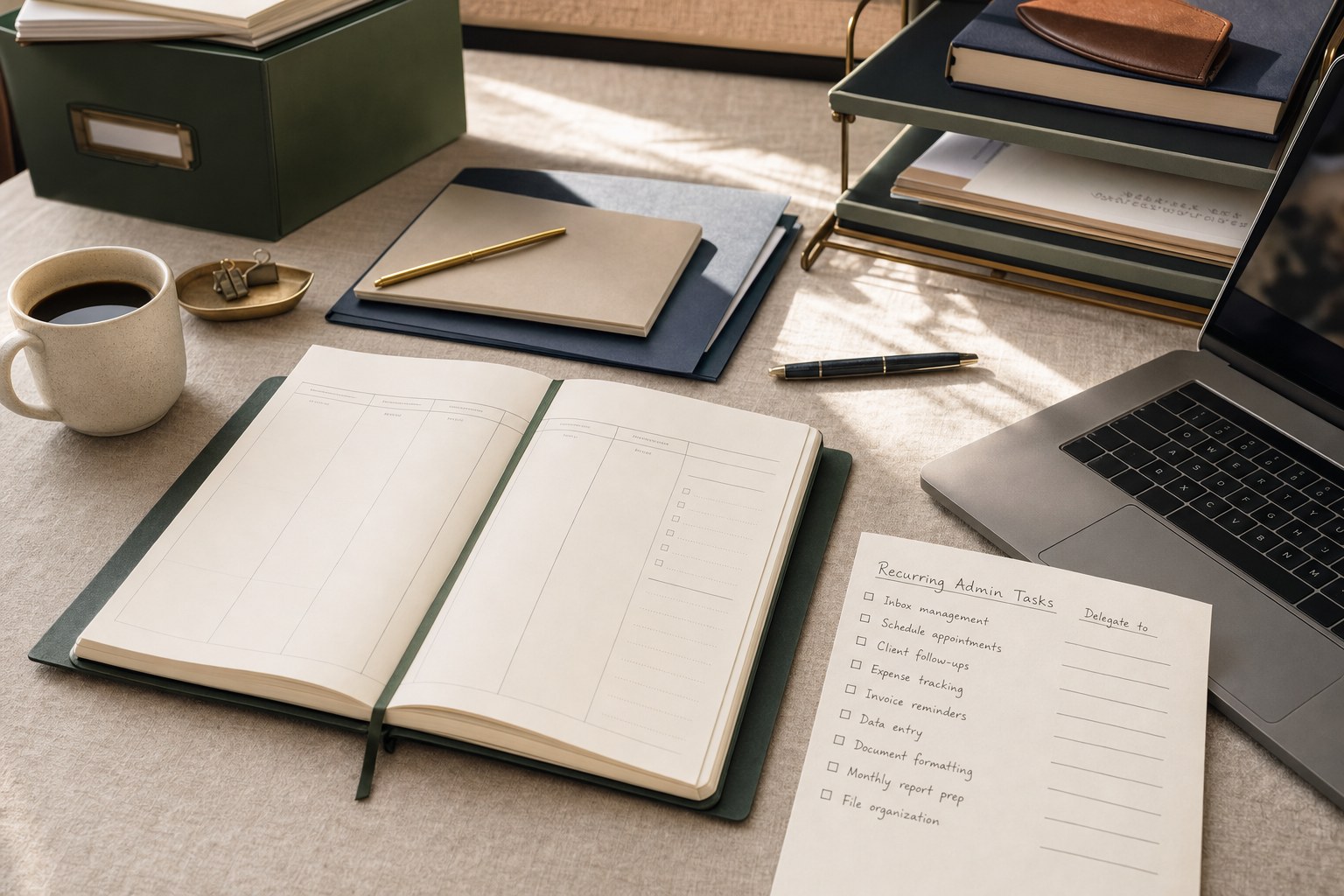 Weekly planner, laptop, and recurring administrative task list prepared for delegation