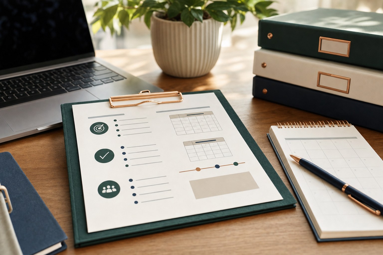 Clear work handoff brief on a clipboard beside a laptop and calendar