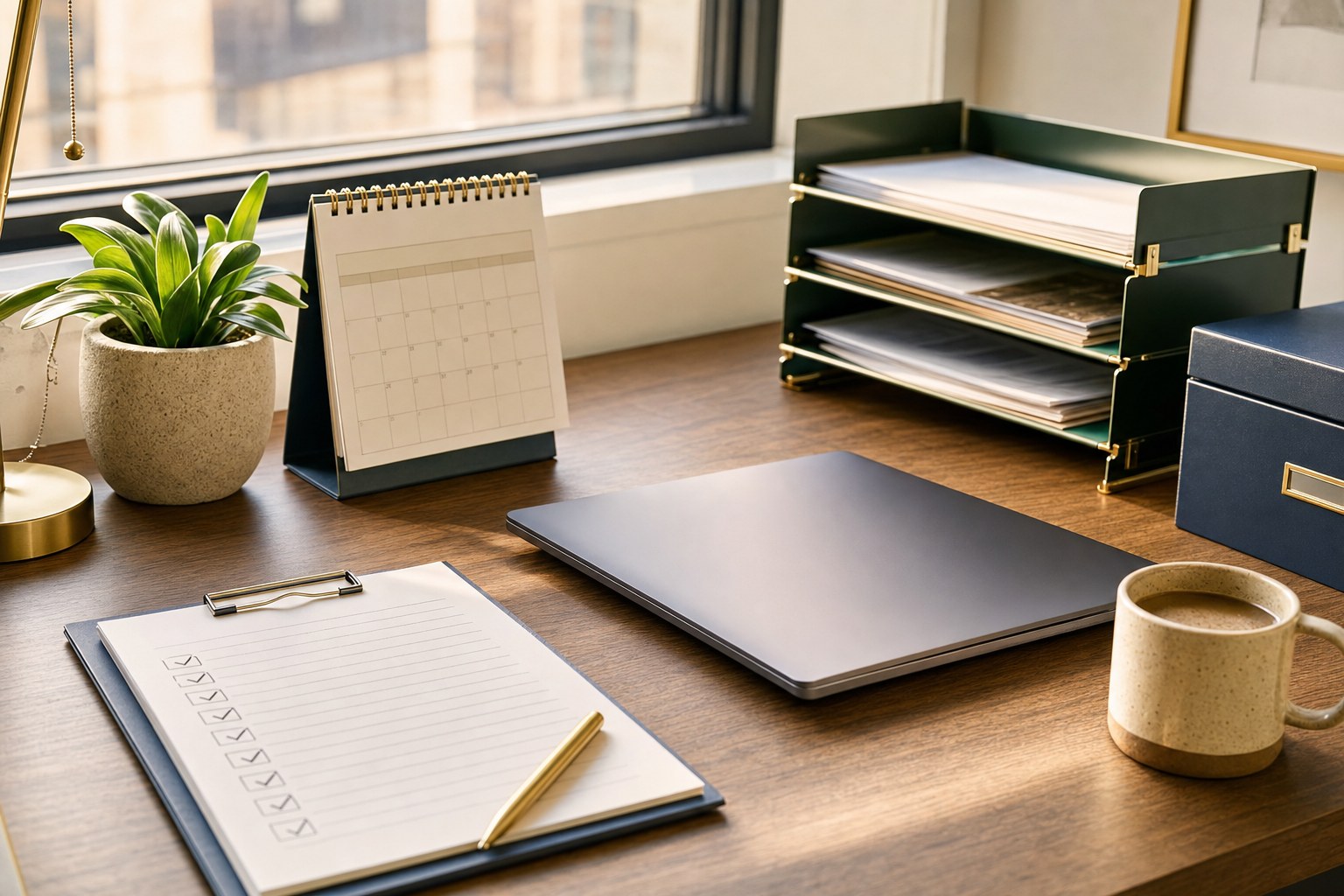 Organized desk with a calendar, closed laptop, task list, and inbox trays