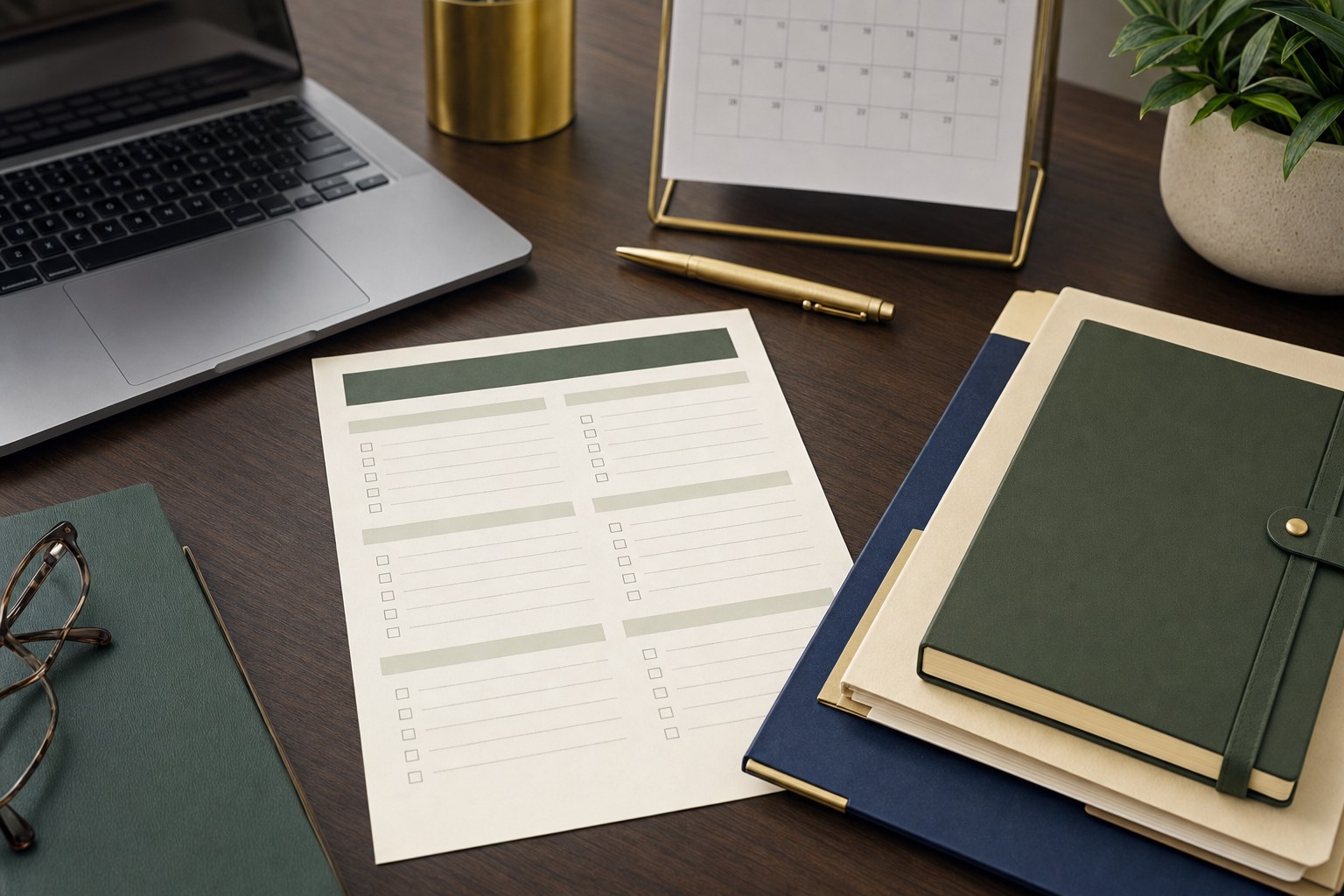 Task audit checklist beside a laptop, calendar, and organized folders
