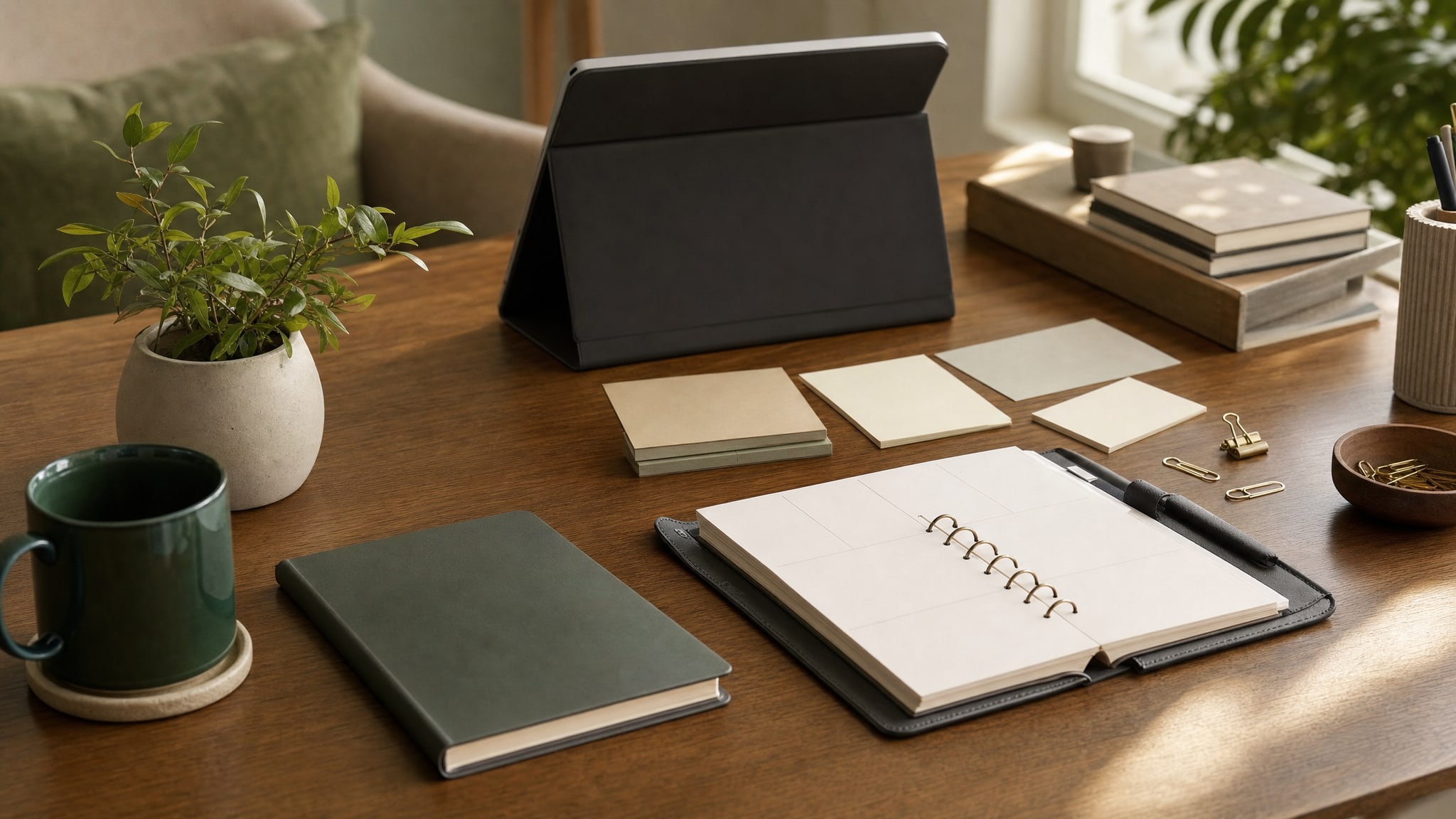 Organized desk with a blank planner, task cards, tablet, notebook, and plant