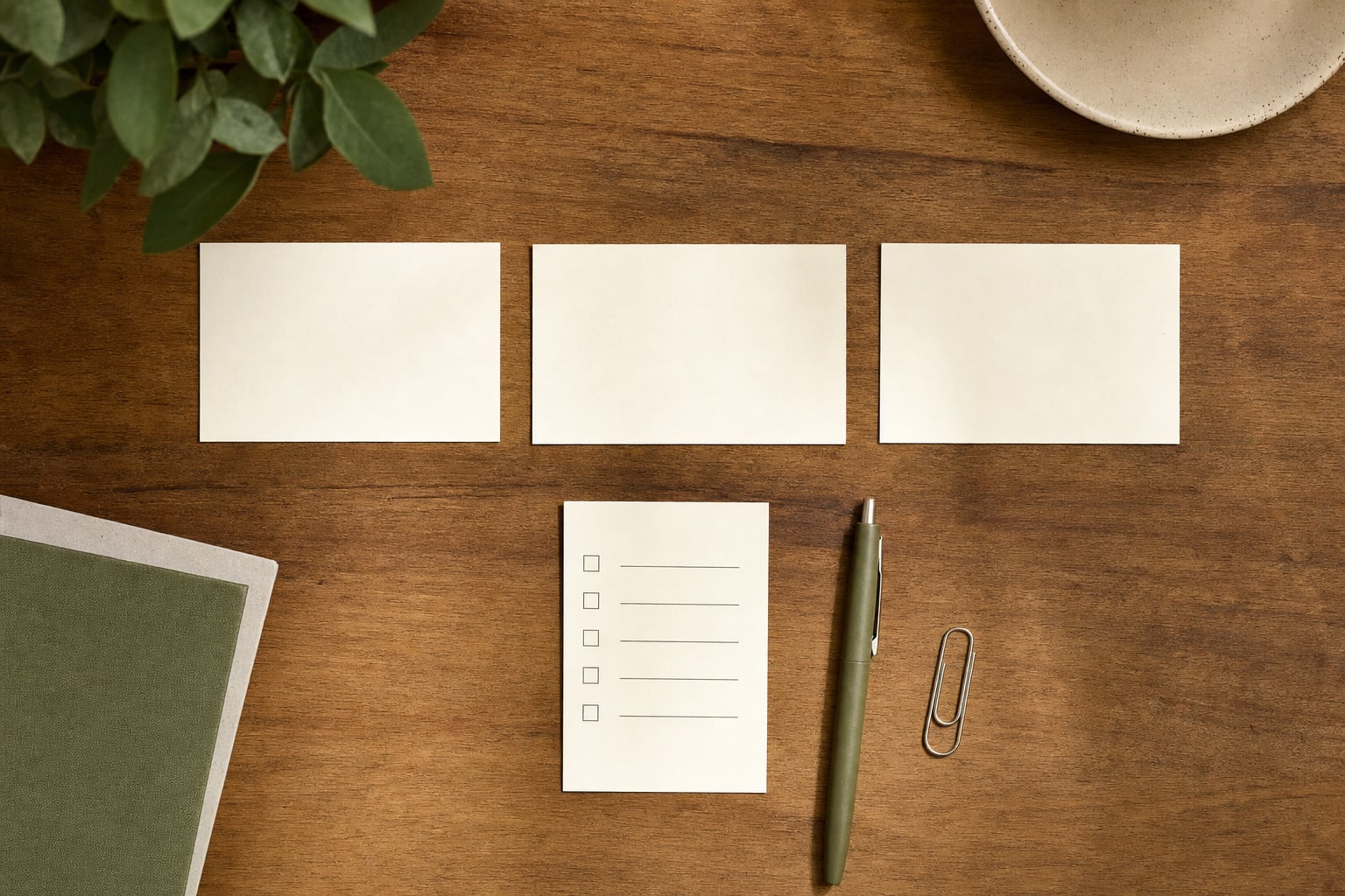 Three blank process cards and a simple checklist arranged on a wood desk