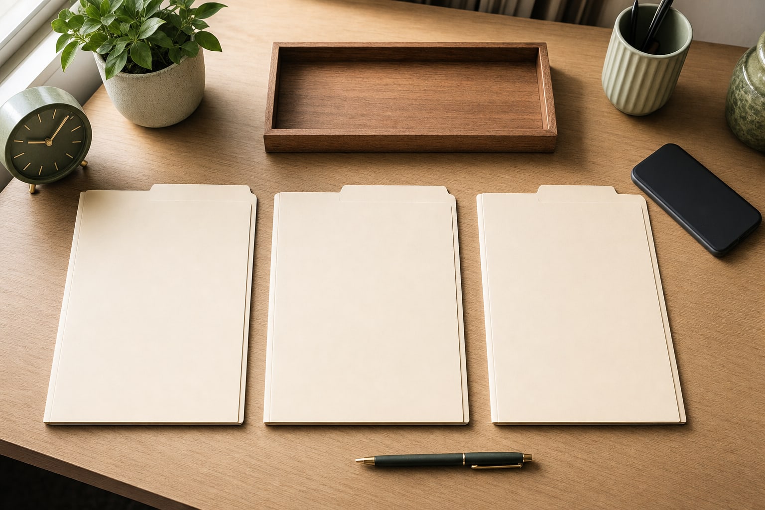 Three blank folders, a clock, phone, and desk tray arranged for task ownership