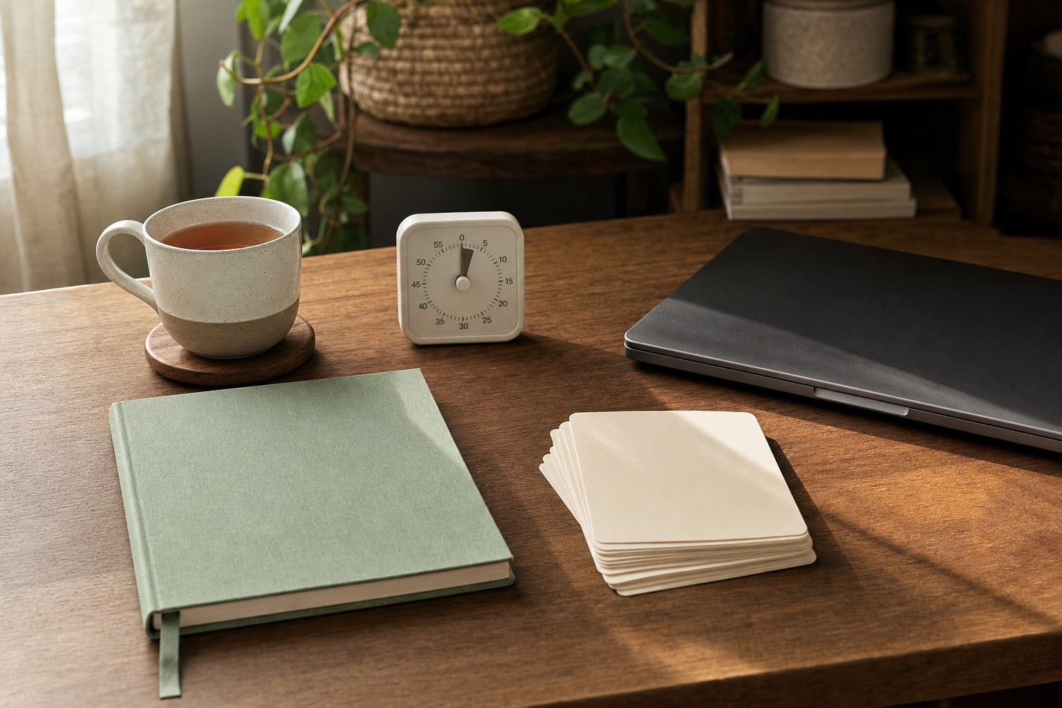 Notebook, completed blank task cards, timer, tea, and closed laptop on a warm desk