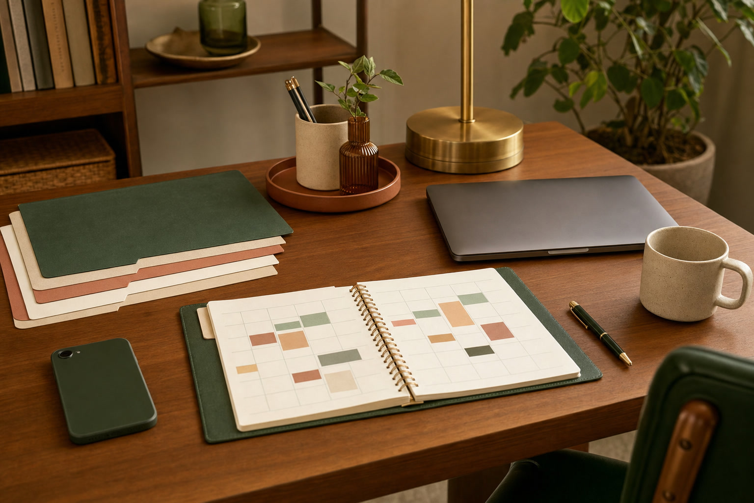 Weekly calendar with color blocks, folders, a closed laptop, and a phone on an organized desk