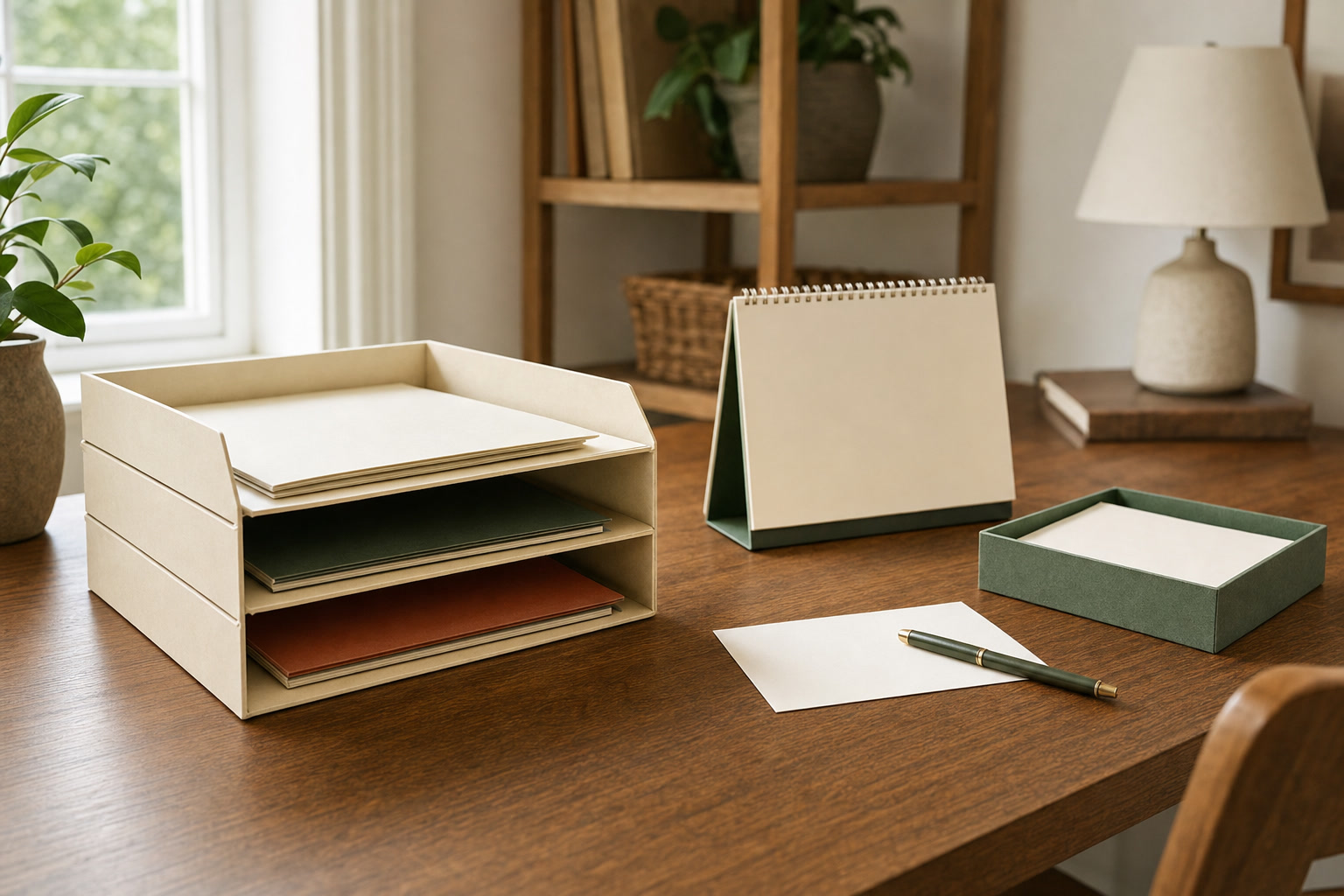 Organized paper inbox, folders, calendar, and blank note card on a home office desk